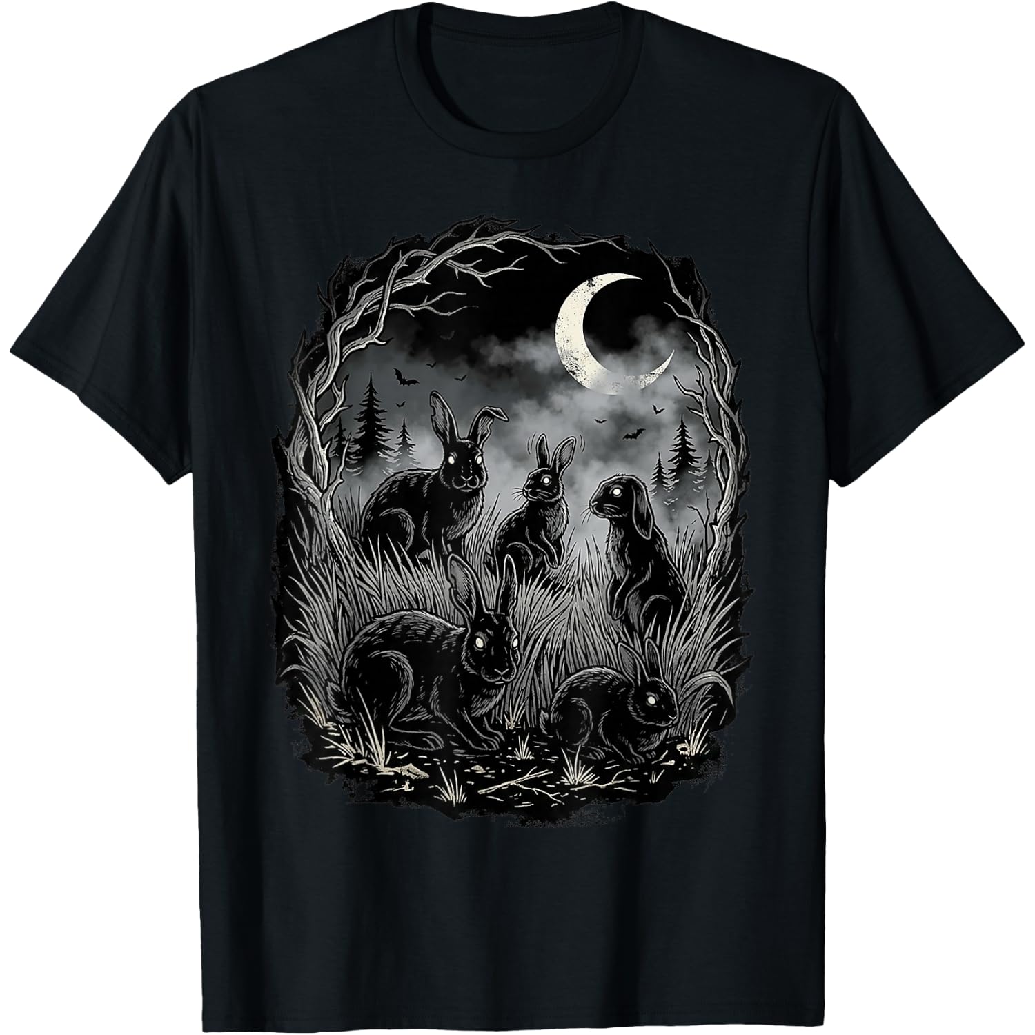 Creepy Black Rabbits Moonlit Forest Gothic Horror Halloween T-Shirt