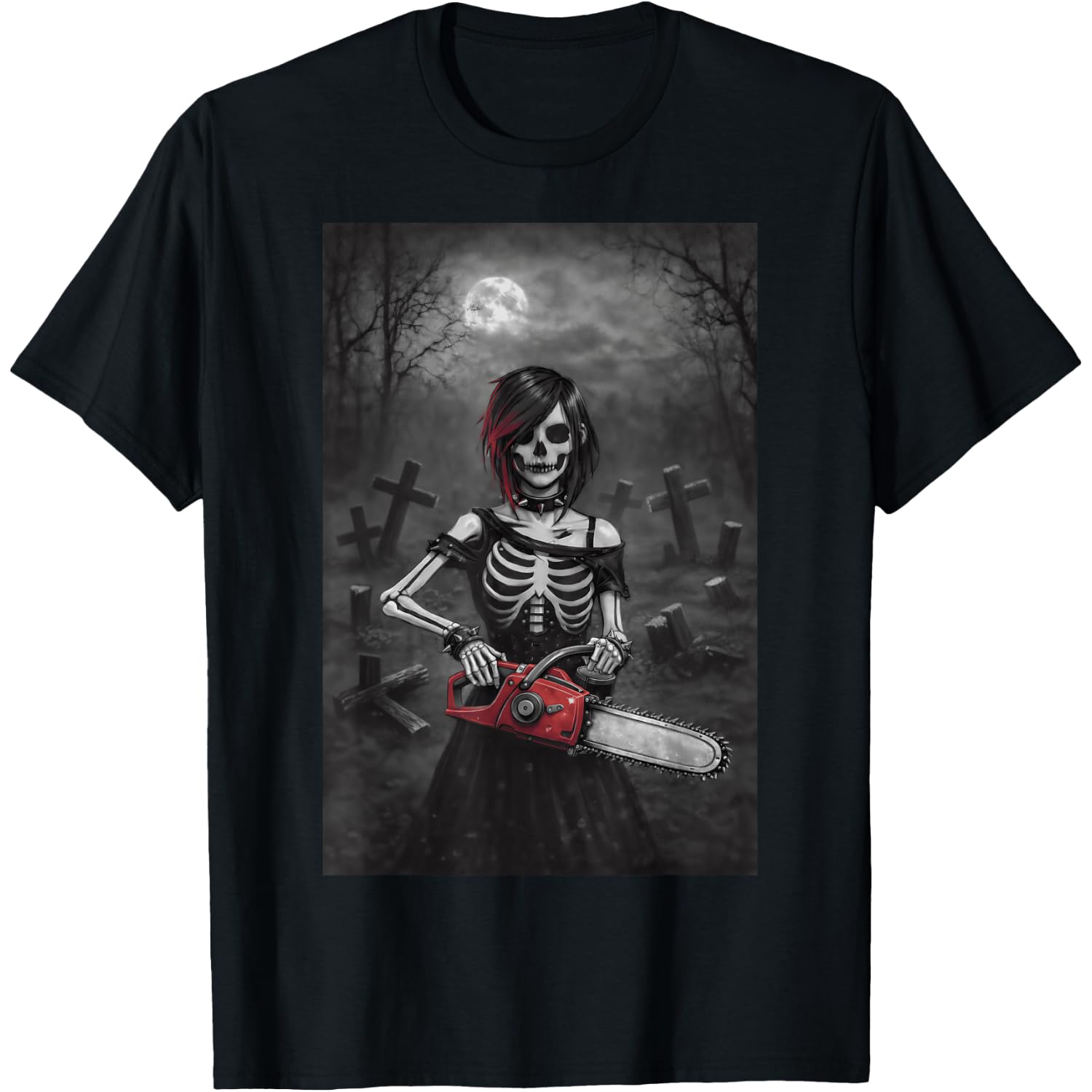 Creepy Chainsaw Goth Skeleton Girl Dark Graveyard Horror T-Shirt