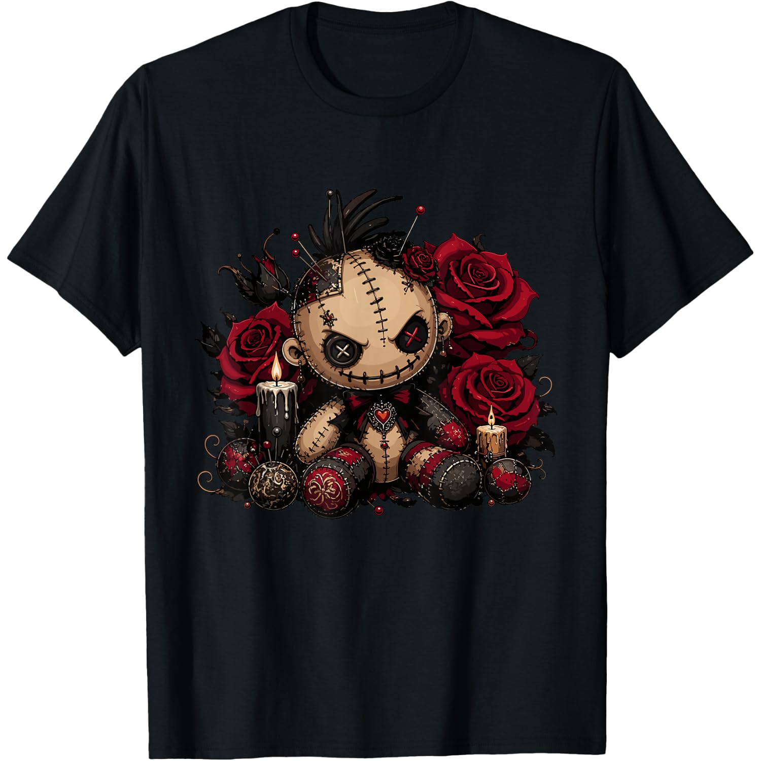 Creepy Cute Voodoo Doll with Red Roses Candles T-Shirt
