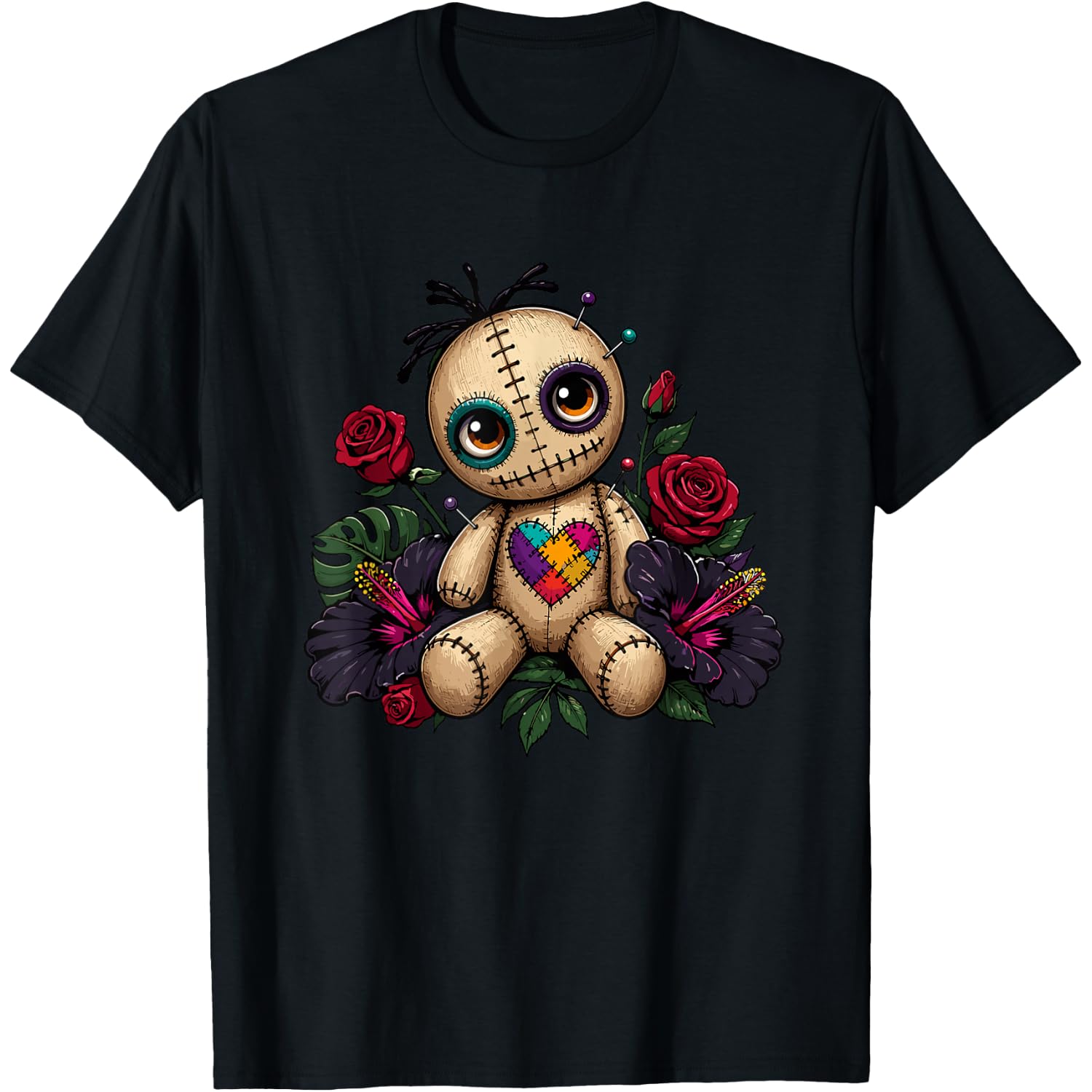 Creepy Cute Voodoo Doll with Roses and Heart T-Shirt