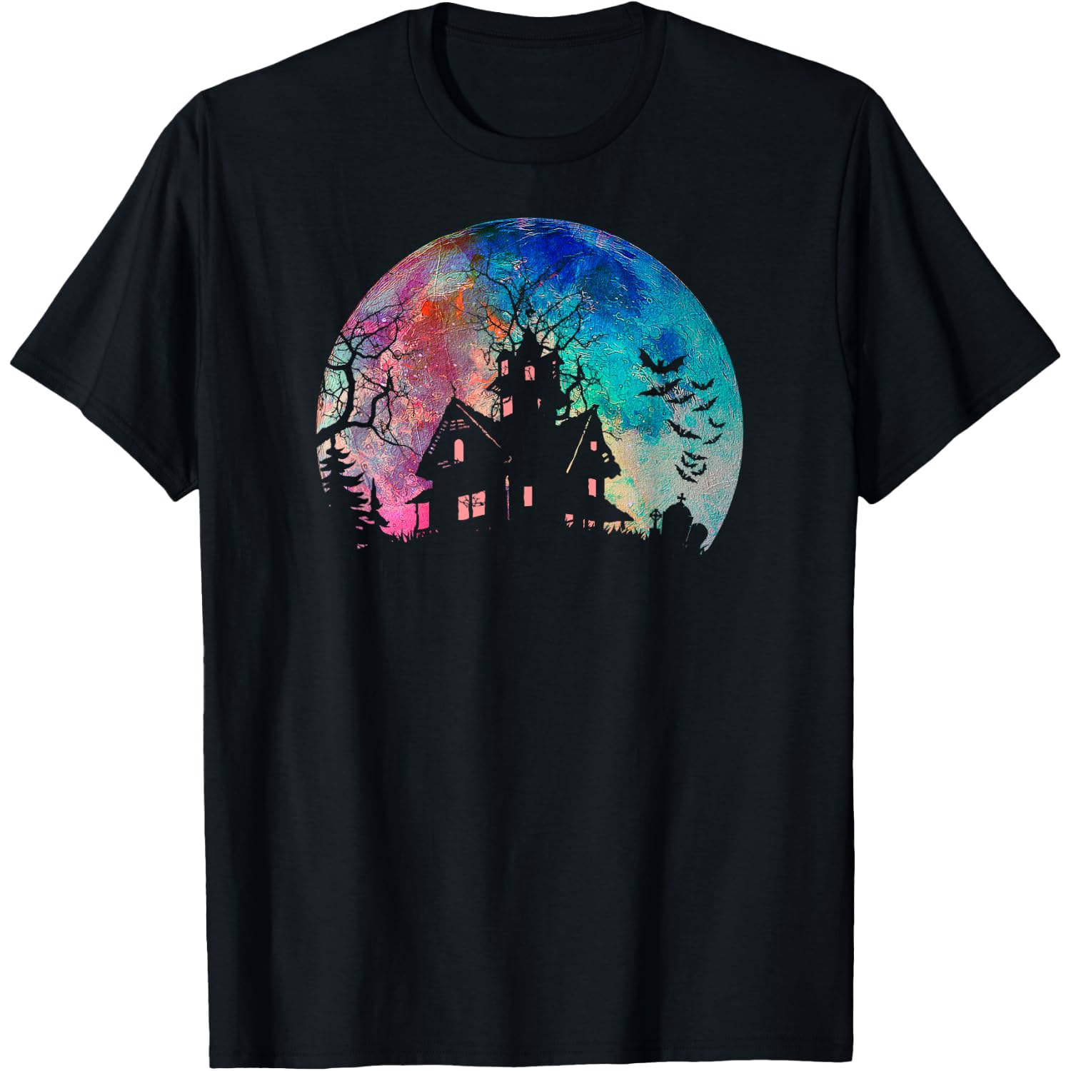 Creepy Haunted House & Spooky Watercolor Full Moon Halloween T-Shirt