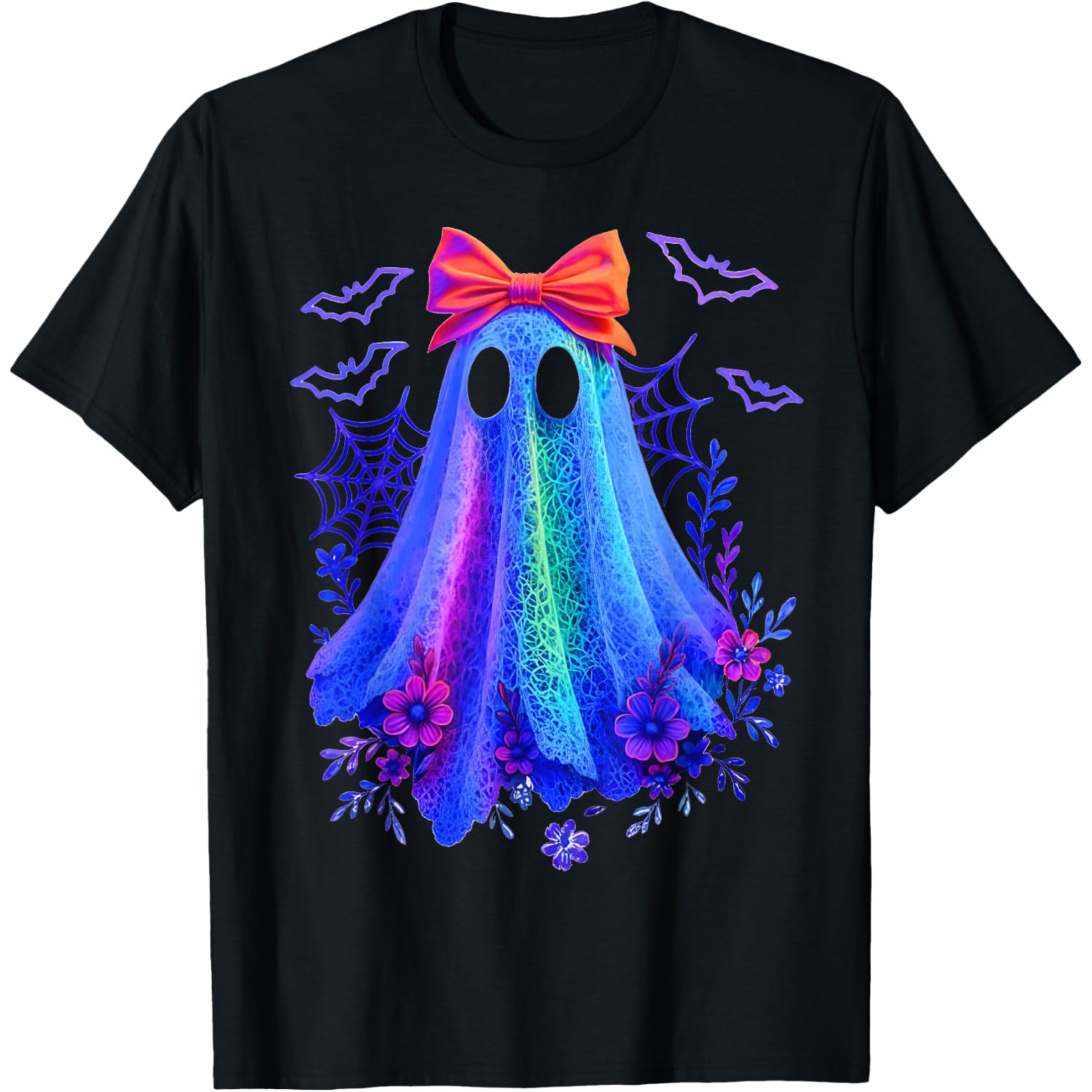 Cute Boo Halloween Ghost Bow Flower Neon Ghost Halloween T-Shirt