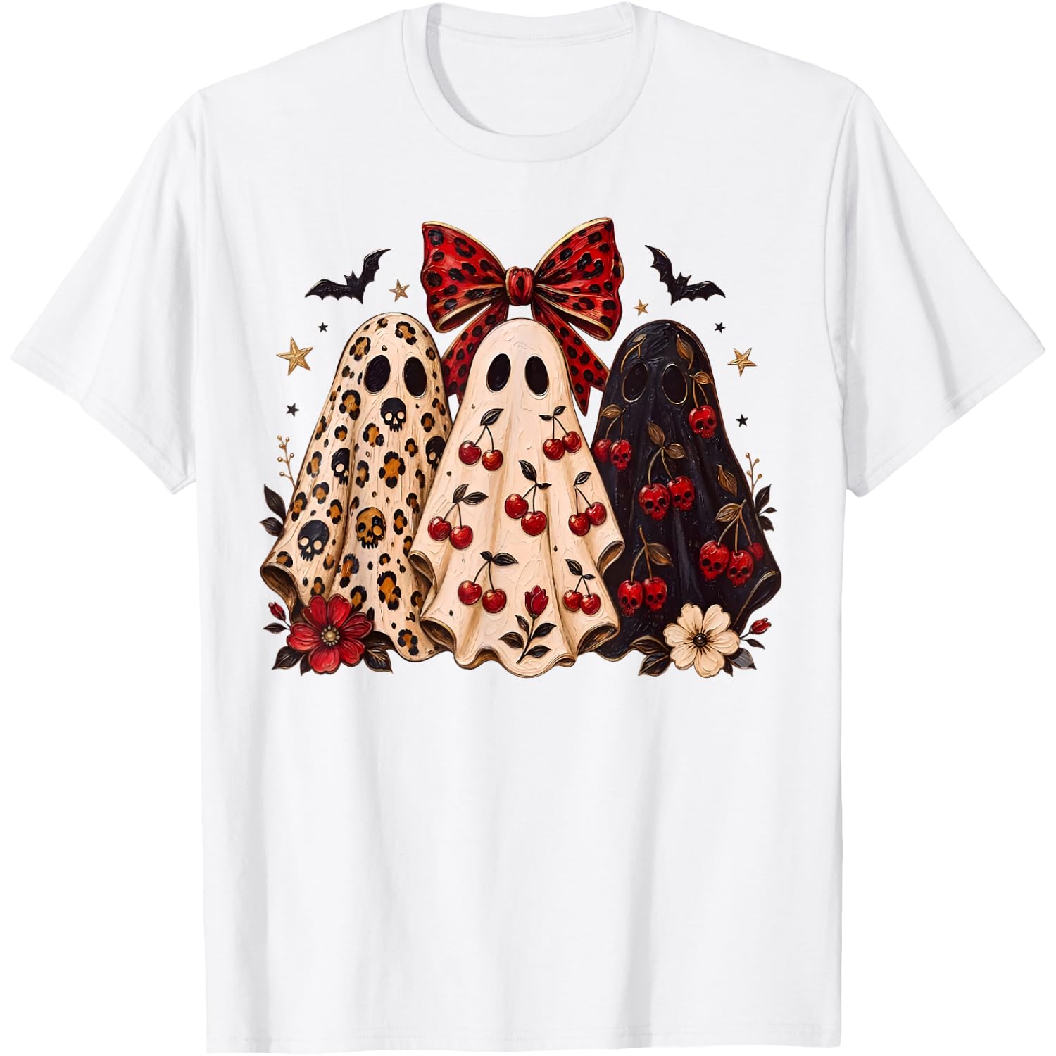 Cute Coquette Ghost Leopard Bow Cherry Halloween Women Girls T-Shirt