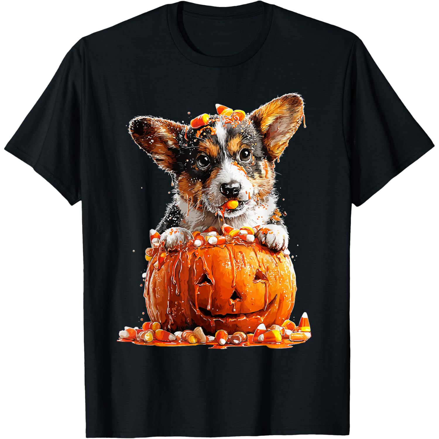 Cute Corgi Dripping Pumpkin Candy Corn Halloween Dog T-Shirt
