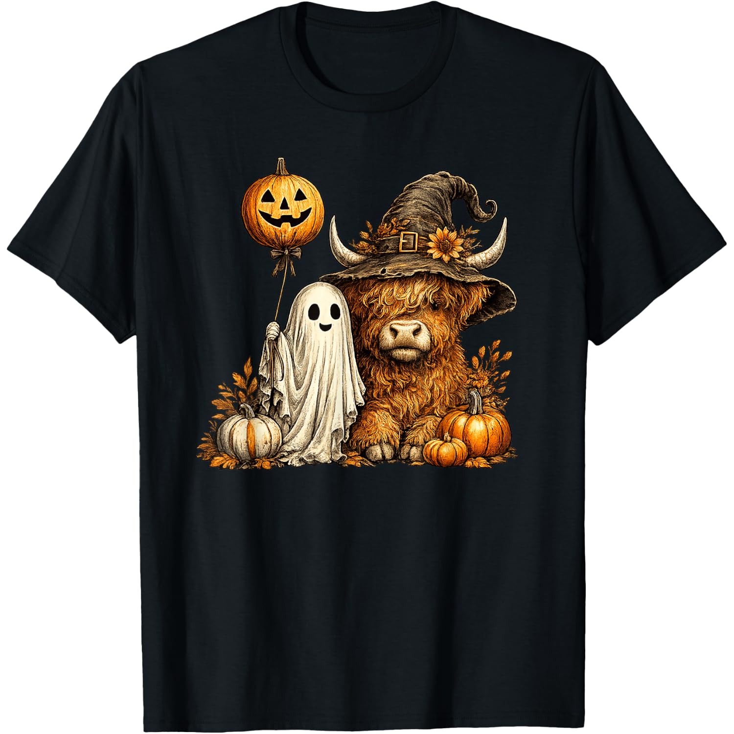 Cute Fall Highland Cow Spooky Ghost Autumn Pumpkin Halloween T-Shirt