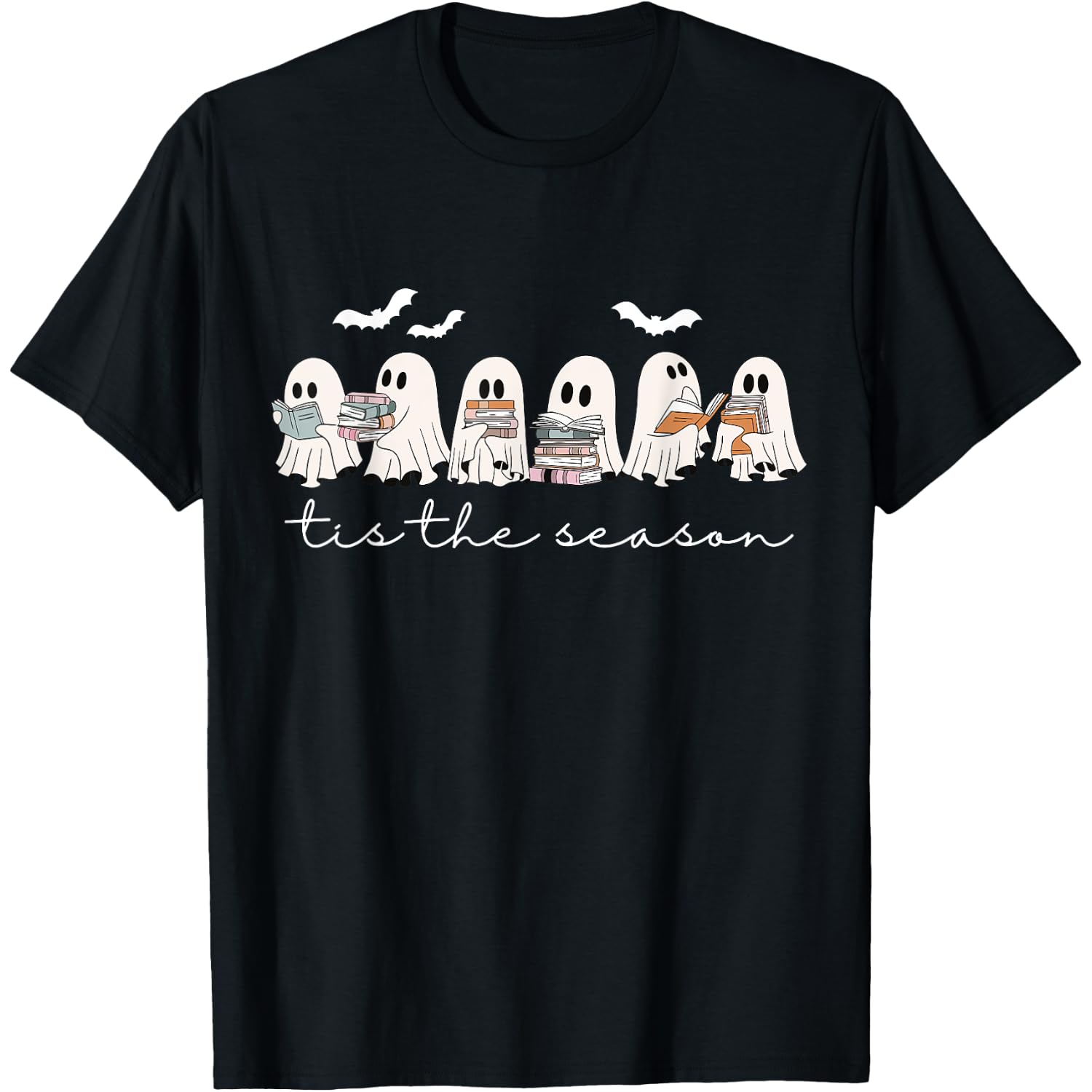 Cute Funny Ghosts Reading Books Tis The Season Halloween T-Shirt