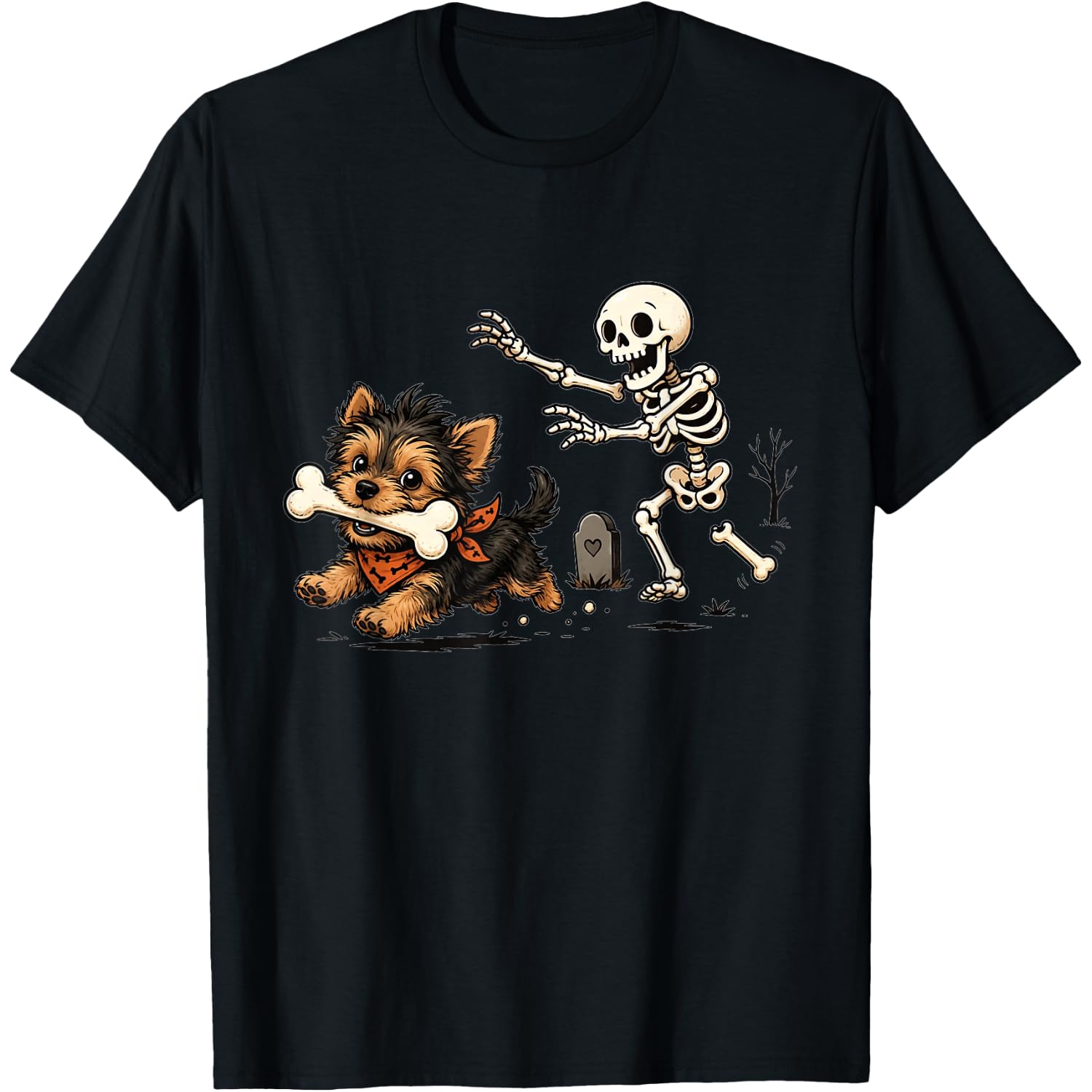 Cute Funny Skeleton Chasing Yorkie Dog Lovers Halloween T-Shirt