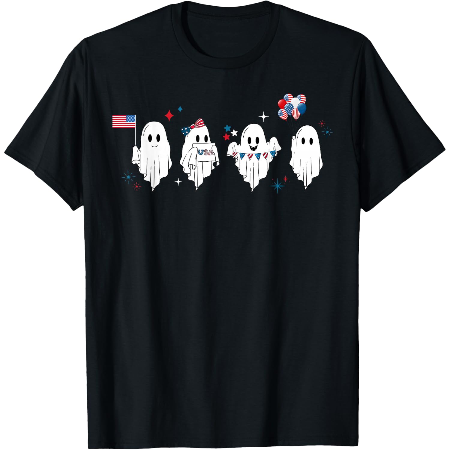 Cute Ghost American Flag Spooky Patriotic 4th Of July T-Shirt