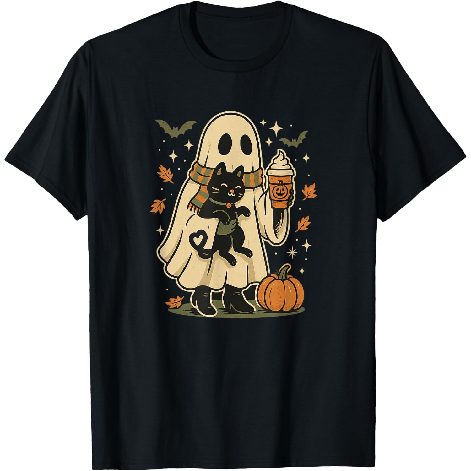 Cute Ghost and Black Cat Pumpkin Coffee Halloween T-Shirt
