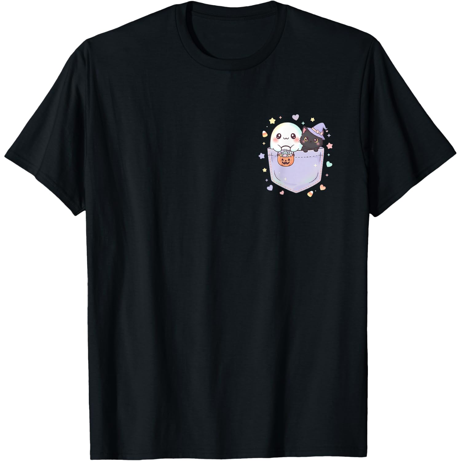 Cute Ghost Black Cat Pocket Halloween Fun T-Shirt