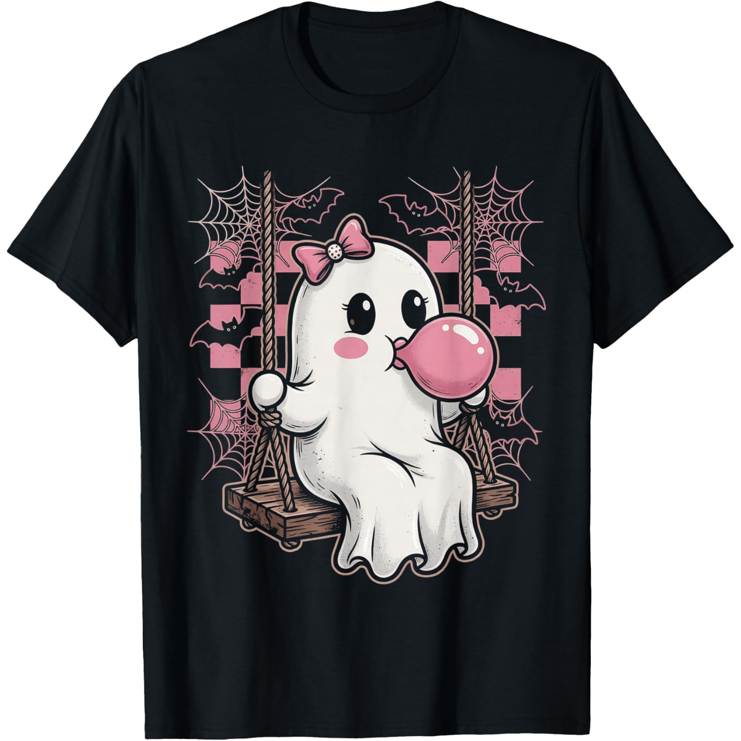 Cute Ghost Blowing Bubblegum Pink Bow Halloween T-Shirt