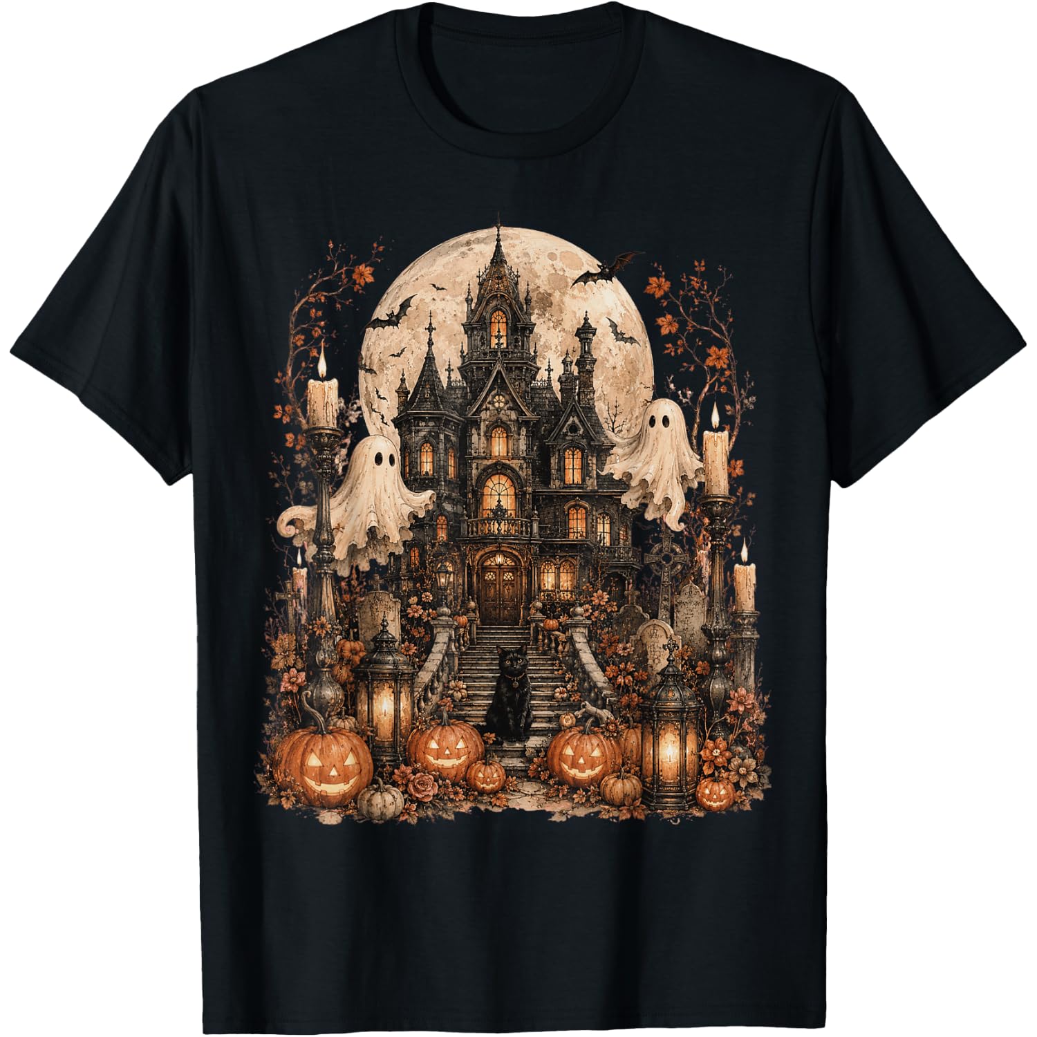 Cute Ghost Cat Haunted House Halloween Gothic Moonlit Night T-Shirt