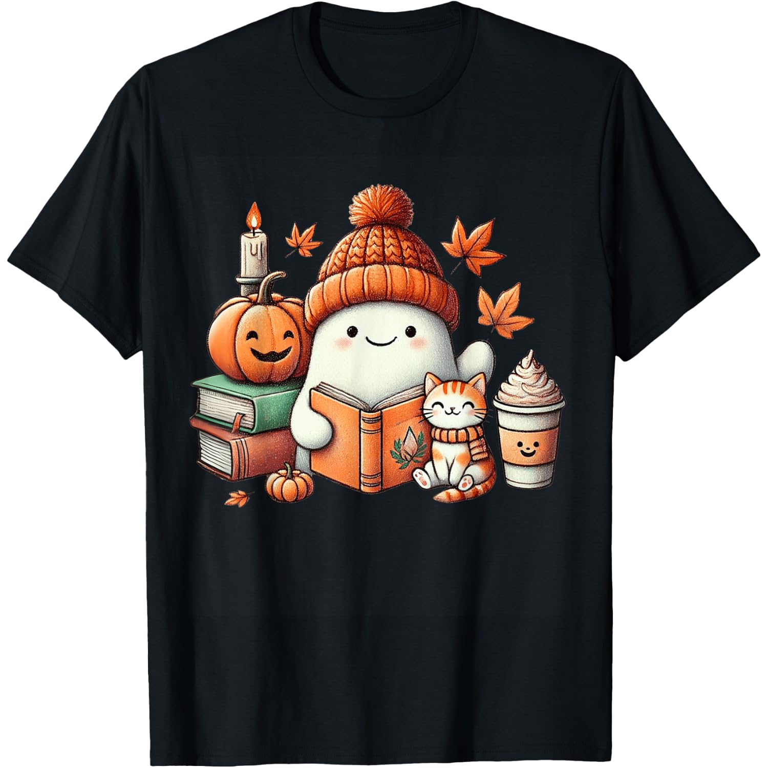 Cute Ghost Cat Reading Book Lovers Halloween Women Girls T-Shirt