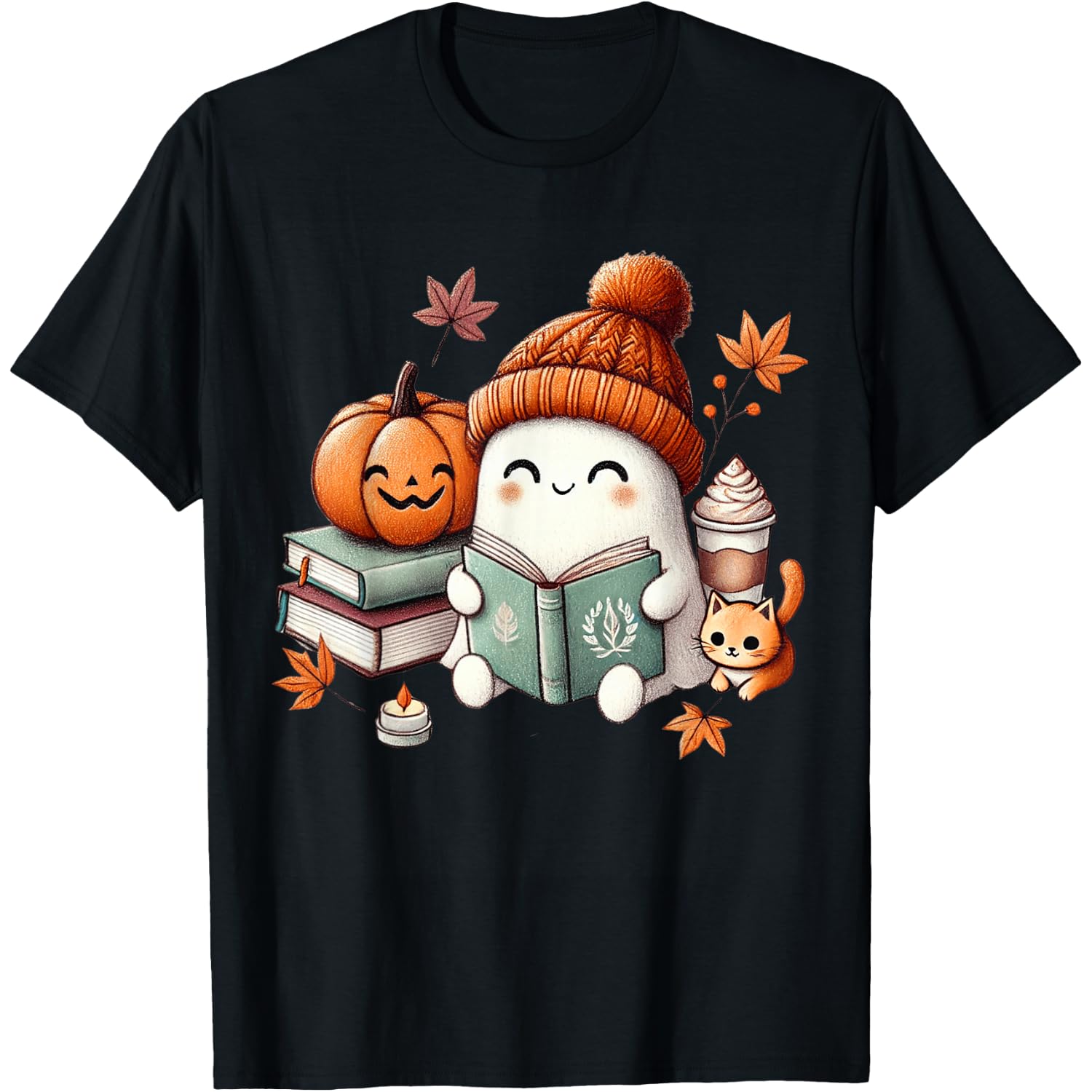 Cute Ghost Cat Reading Book Lovers Halloween Women Girls T-Shirt