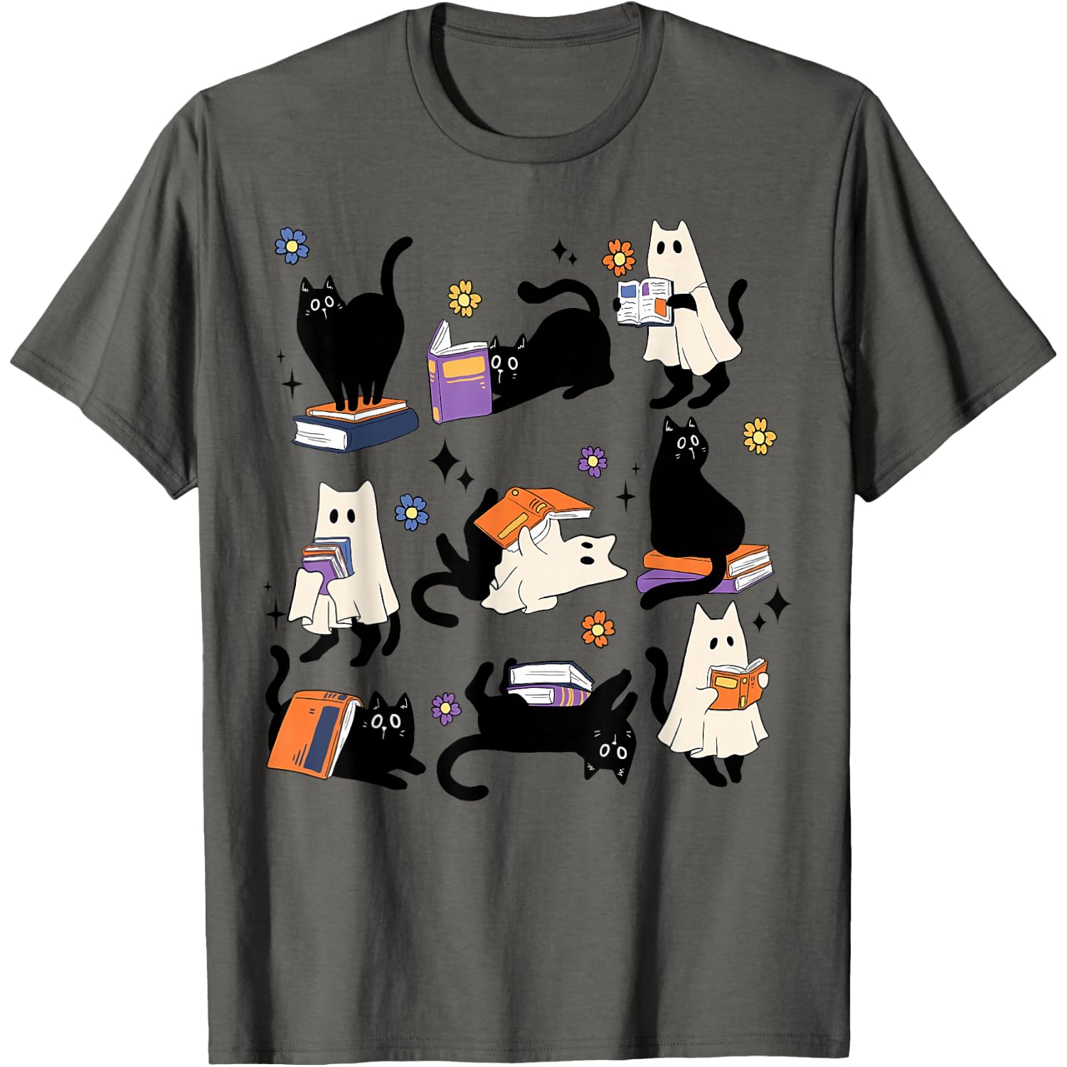 Cute Ghost Cat Reading Books Bookish Lover Halloween Spooky T-Shirt