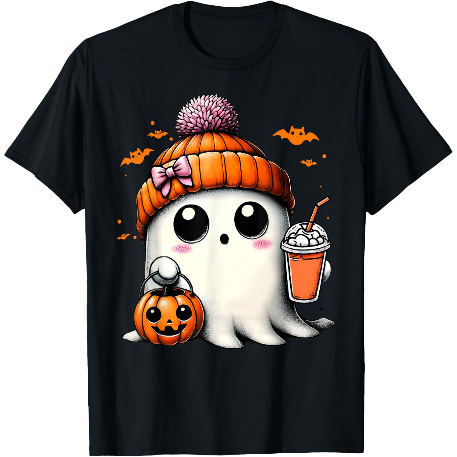 Cute Ghost Drinking Coffee Halloween Ghost Ice Coffee Womens T-Shirt