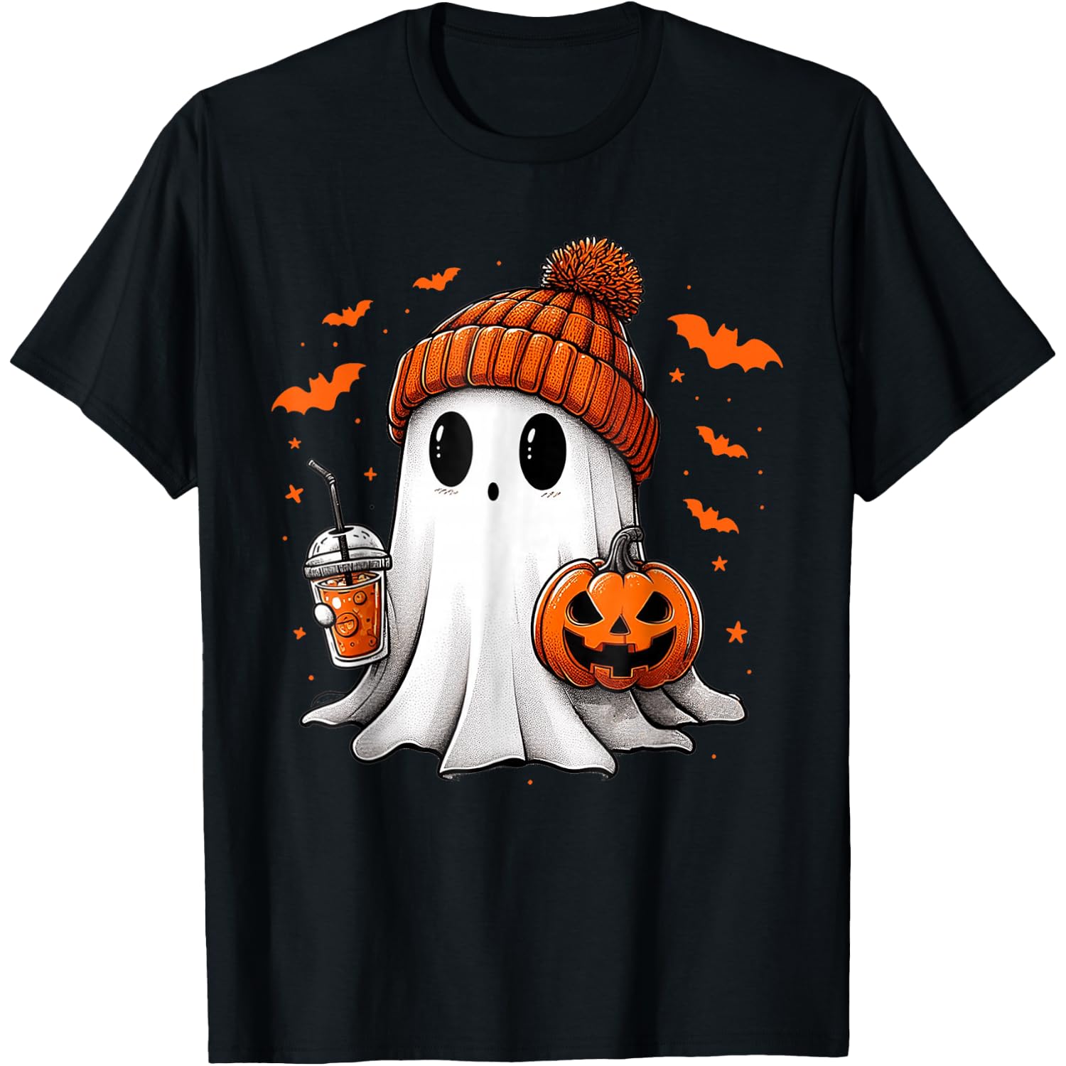 Cute Ghost Drinking Ice Coffee Halloween Pumpkin Mens Womens T-Shirt