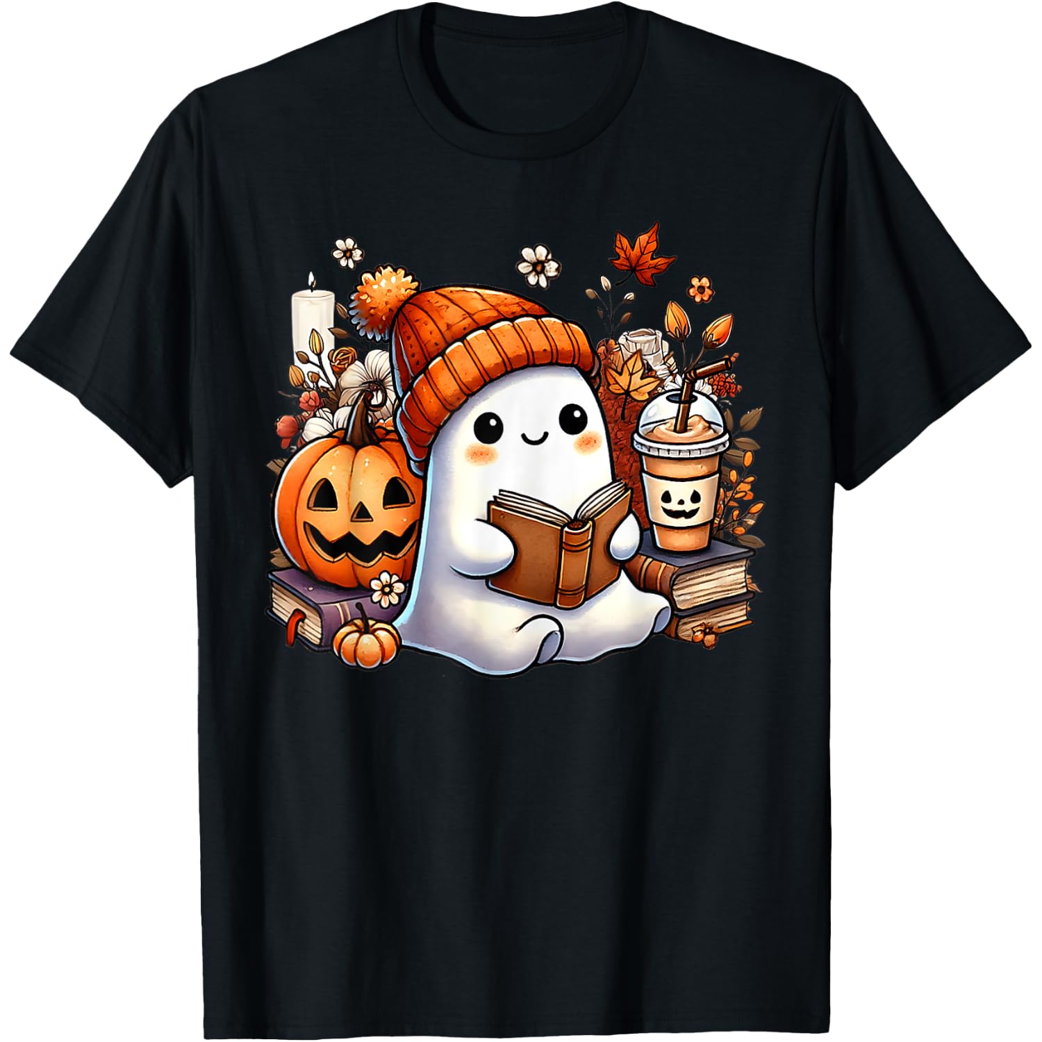 Cute Ghost Floral Pumpkin Halloween Costume Ghost Women Girl T-Shirt