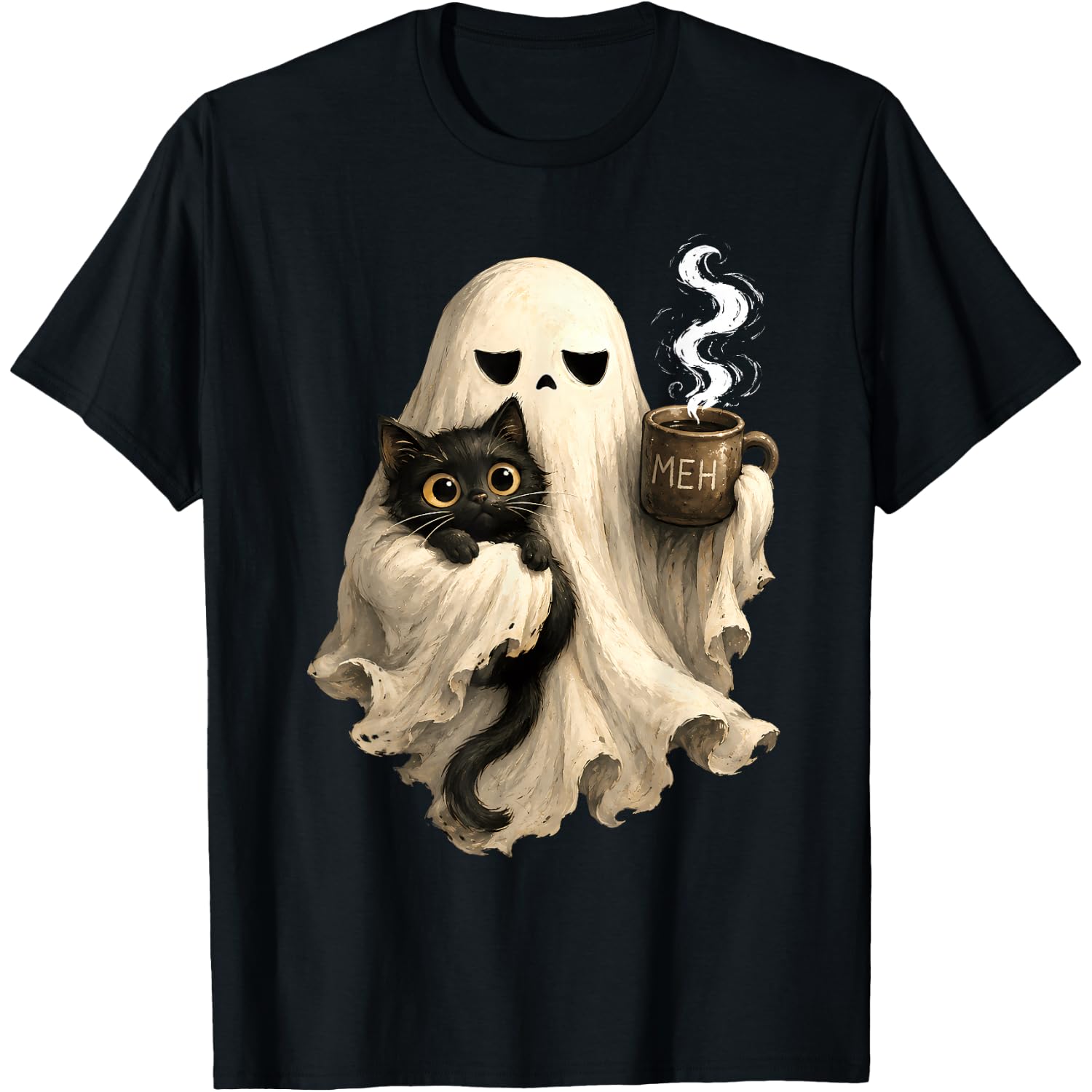 Cute Ghost Holding Black Cat Funny Halloween Coffee Spooky T-Shirt