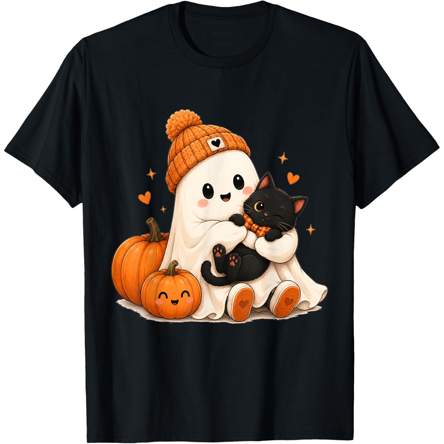 Cute Ghost Hugging Black Cat Autumn Halloween Pumpkin T-Shirt