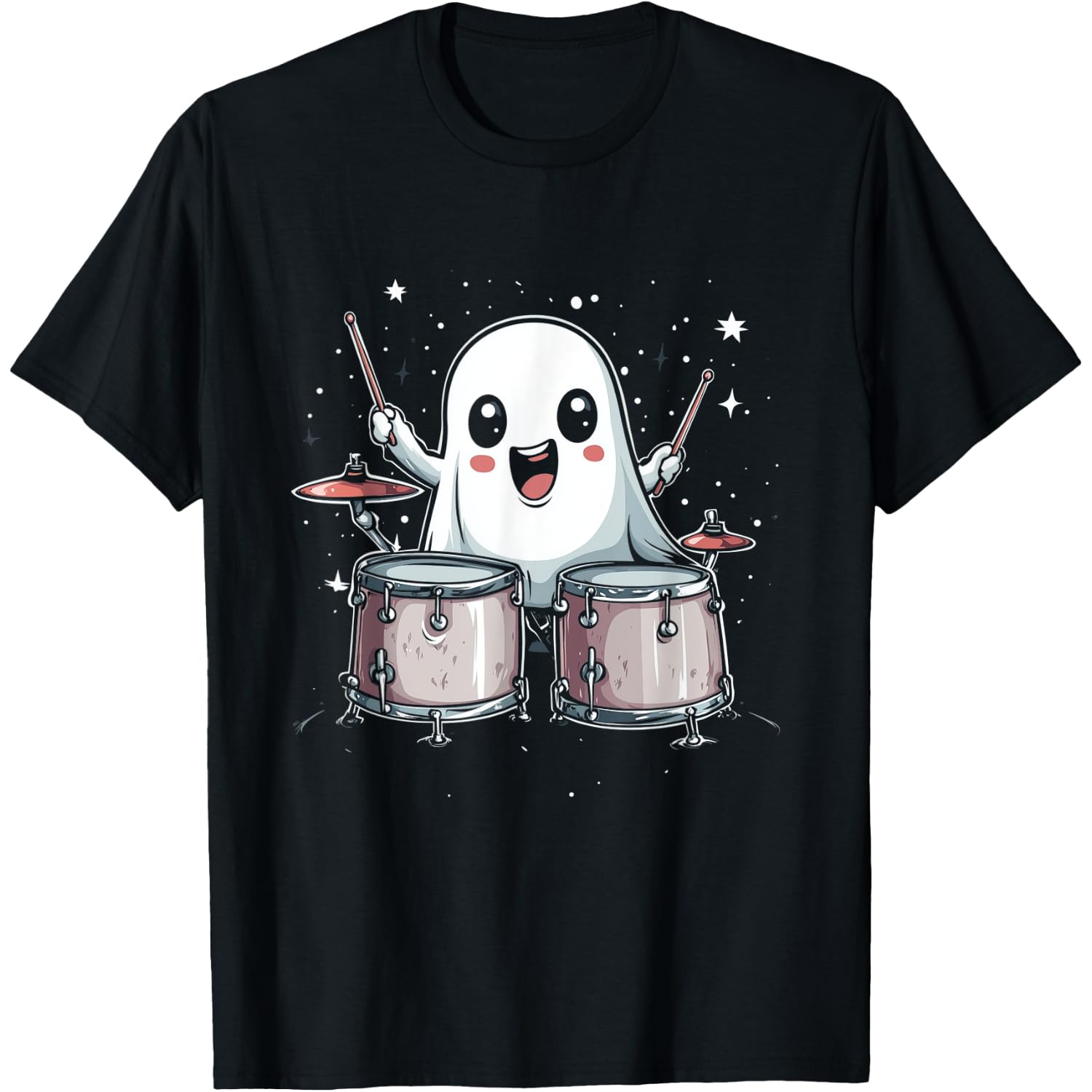 Cute Ghost Playing Drums Funny Halloween Drummer T-Shirt