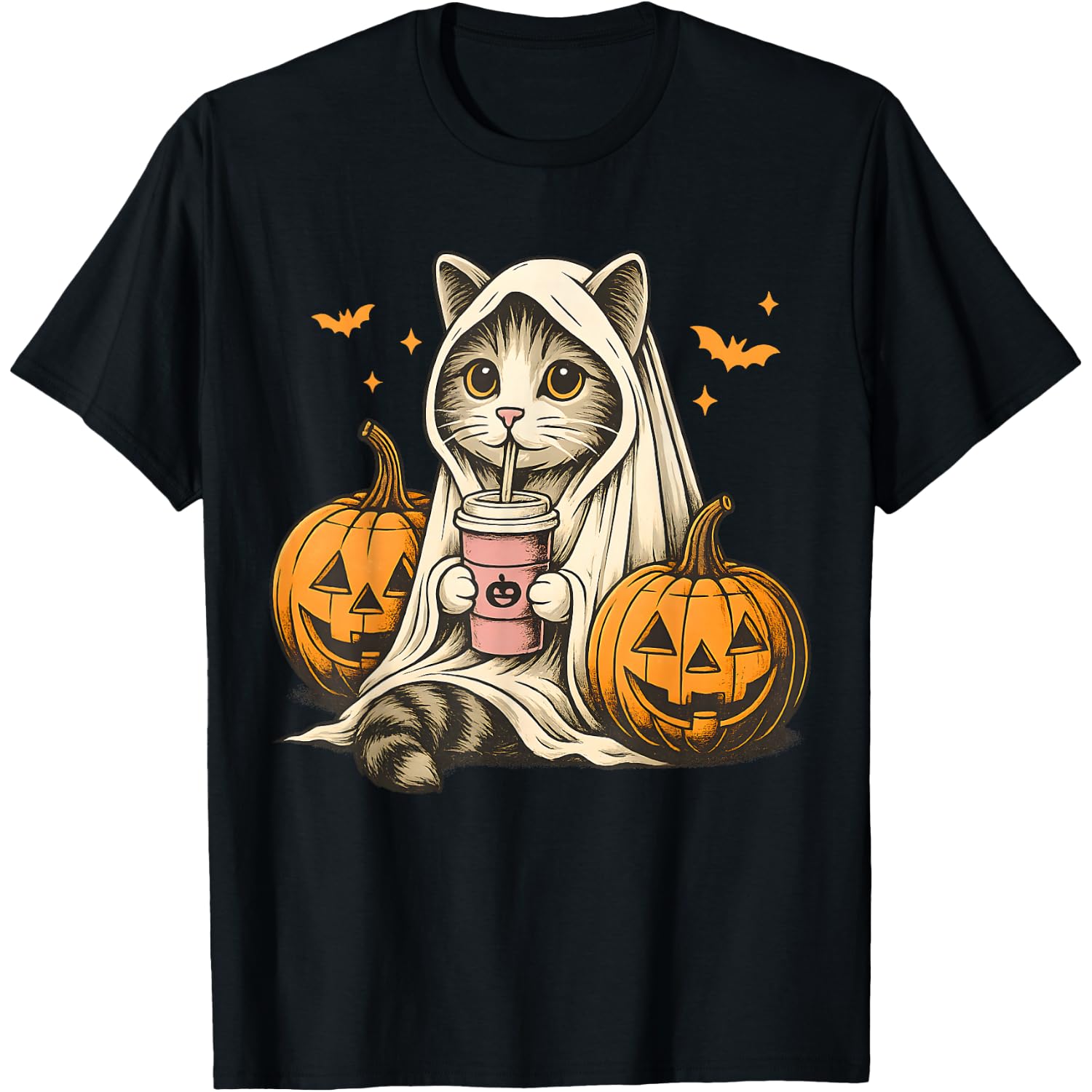 Cute Ghost Pumpkin Halloween Cat Costume Cat Lovers T-Shirt