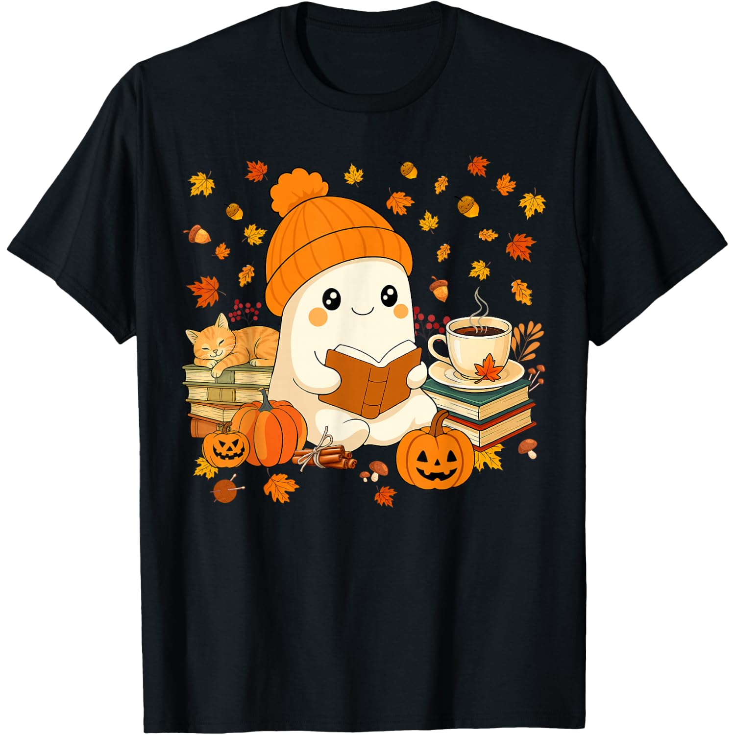 Cute Ghost Reading Book Lovers Autumn Fall Halloween Ghost T-Shirt