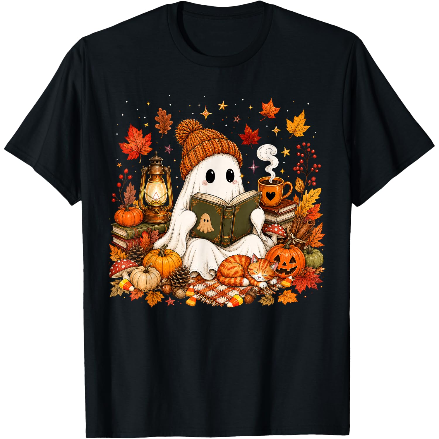 Cute Ghost Reading Book Lovers Autumn Fall Halloween Teacher T-Shirt
