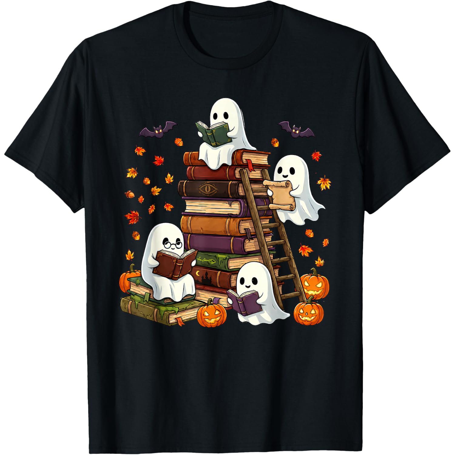 Cute Ghost Reading Book Lovers Halloween Autumn Fall T-Shirt
