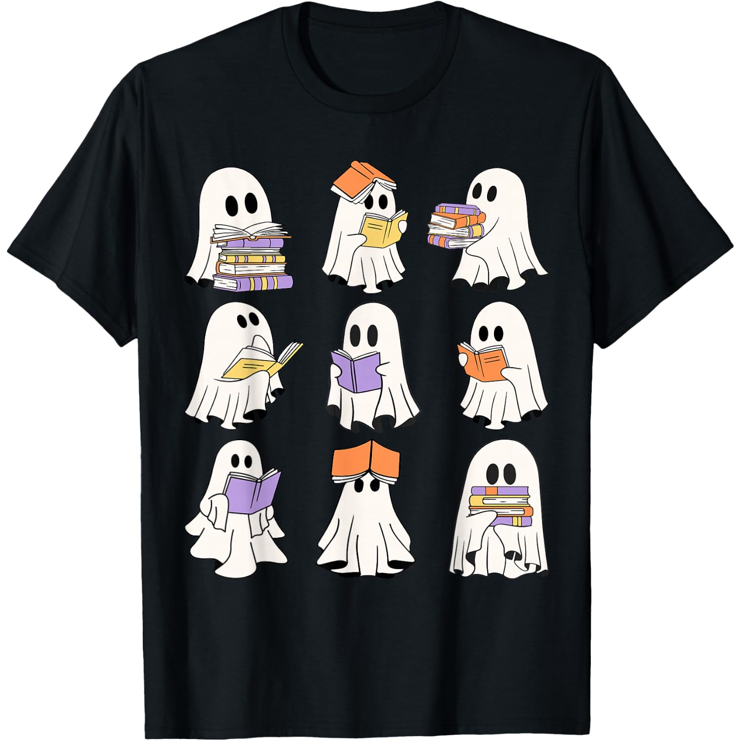 Cute Ghost Reading Books Teacher Halloween Reading Men Women Kids T-Shirt