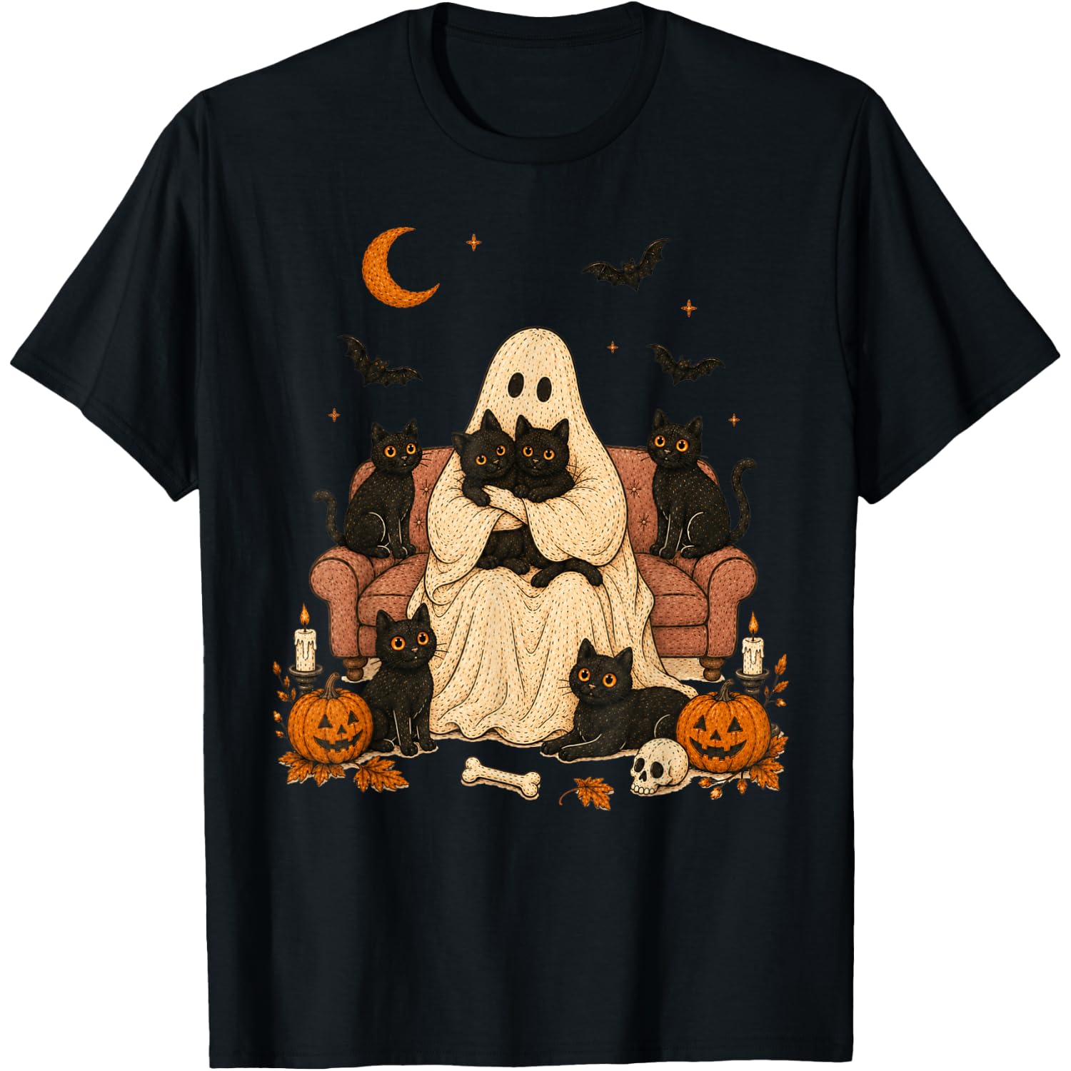 Cute Halloween Cat Mom Cat Dad Ghost Black Cat Women Men T-Shirt