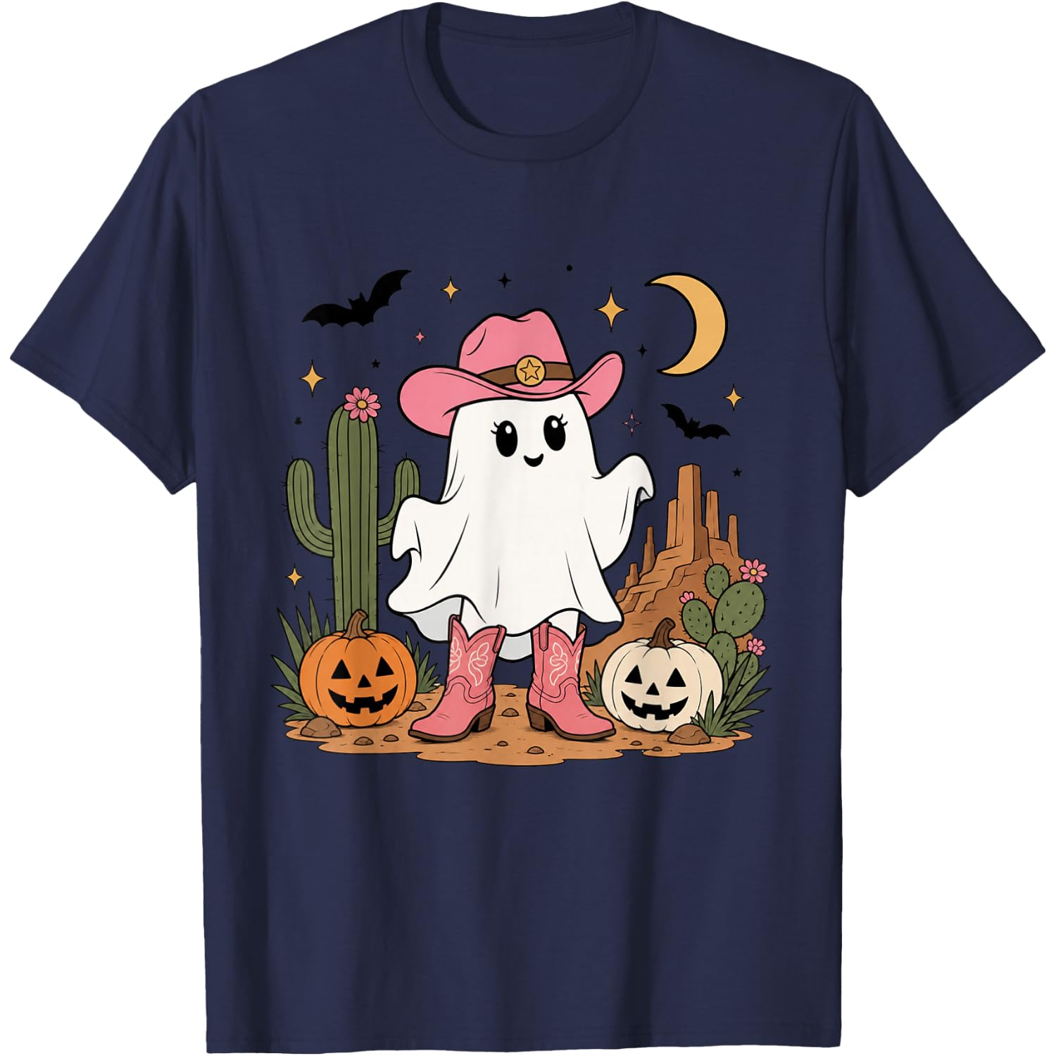 Cute Halloween Cowgirl Ghost Western Desert Pumpkin Women T-Shirt