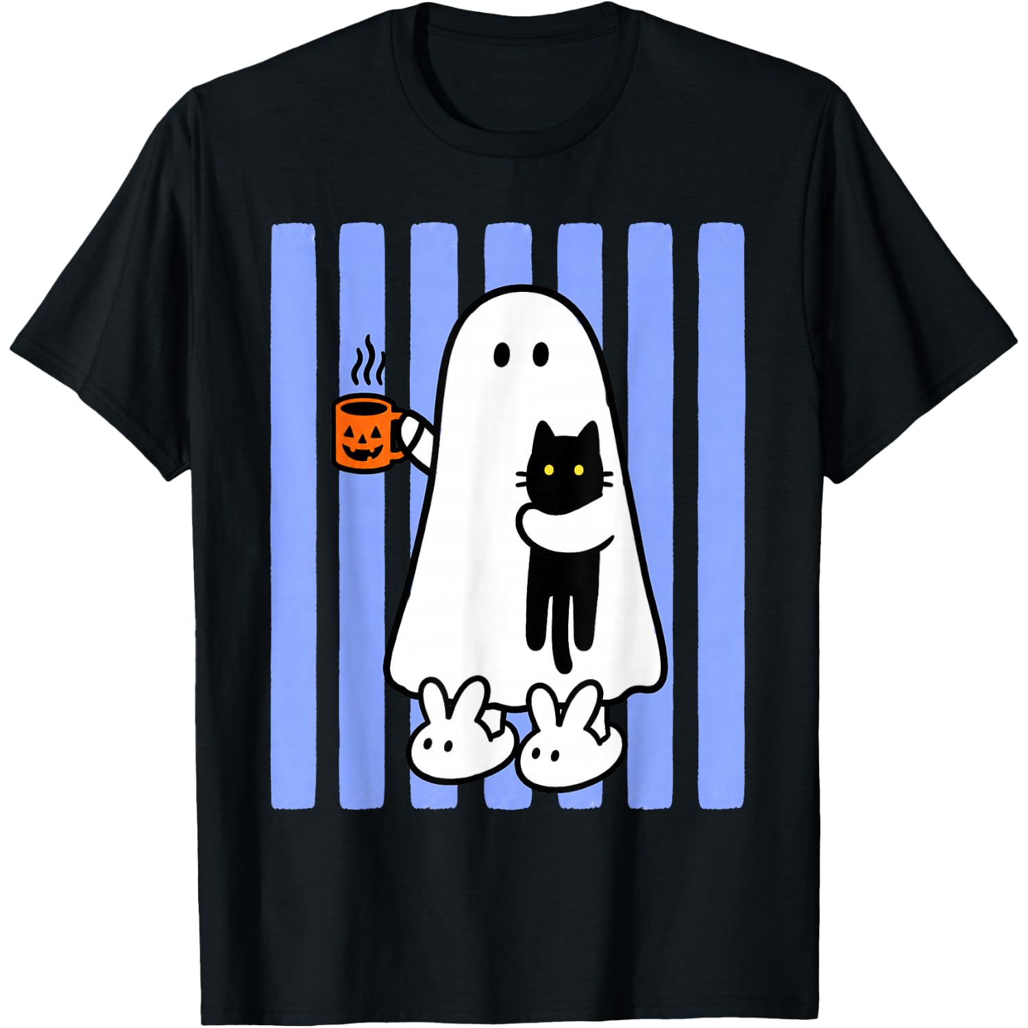 Cute Halloween Ghost Coffee Funny Black Cat Striped Spooky T-Shirt