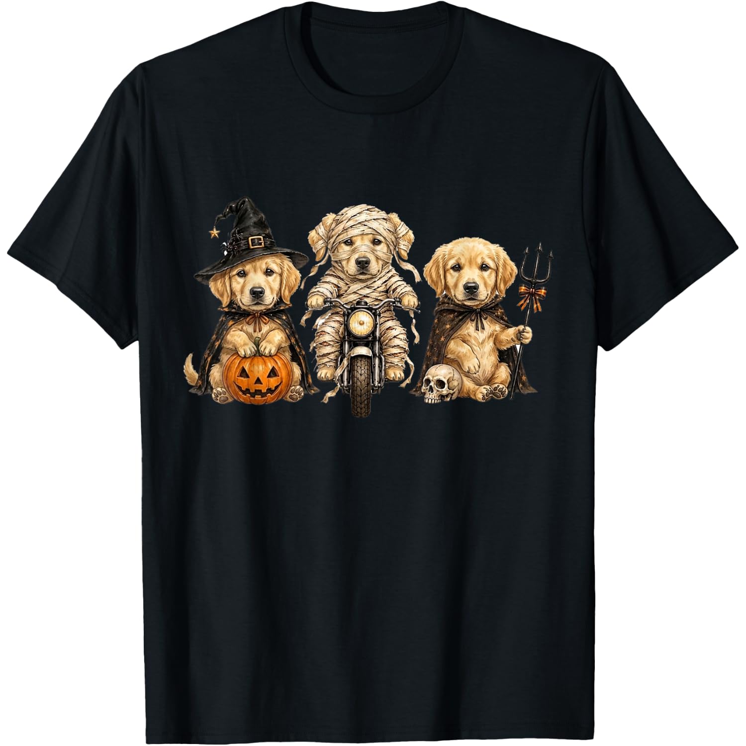 Cute Halloween Golden Retriever Dog Pumpkin Ghost and Witch T-Shirt
