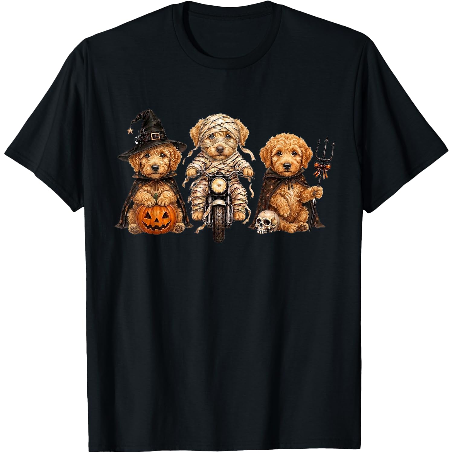 Cute Halloween Goldendoodle Dog Pumpkin Ghost and Witch T-Shirt