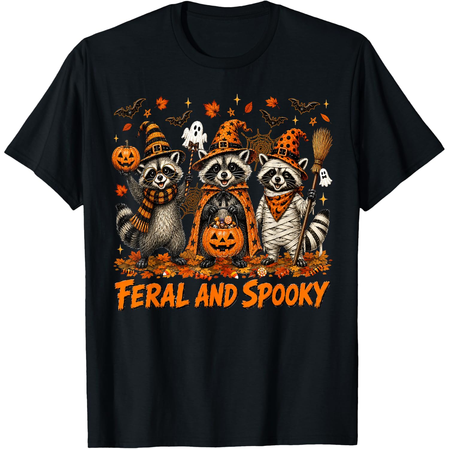 Cute Halloween Raccoon Pumpkin Feral and Spooky Kids Boys T-Shirt