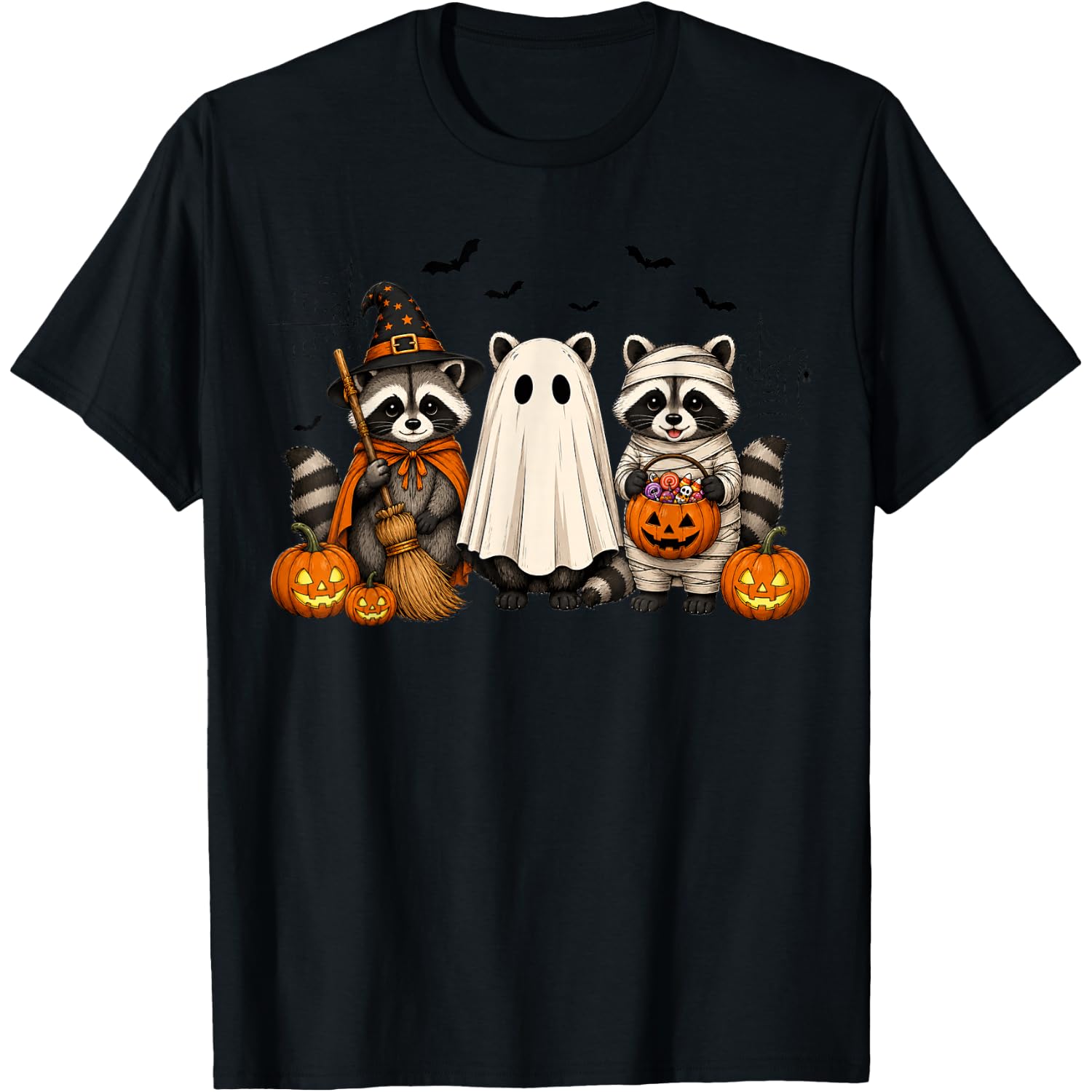 Cute Halloween Raccoons Witch Ghost Mummy Pumpkins Men Women T-Shirt