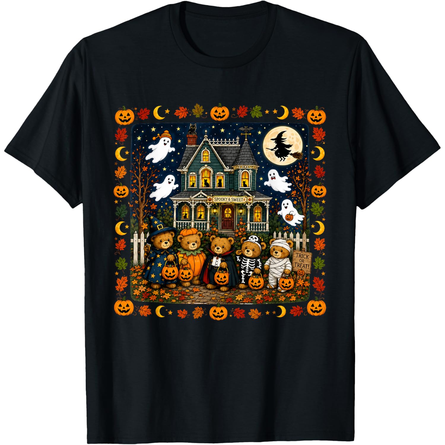 Vintage Halloween Bear Friends Autumn Scene T-Shirt
