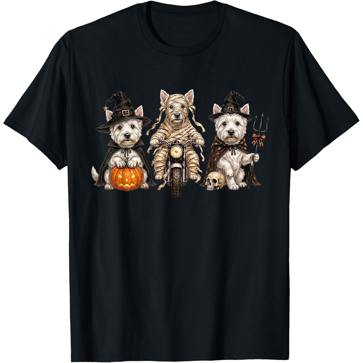 Cute Halloween Westie Dog Pumpkin Ghost and Witch T-Shirt