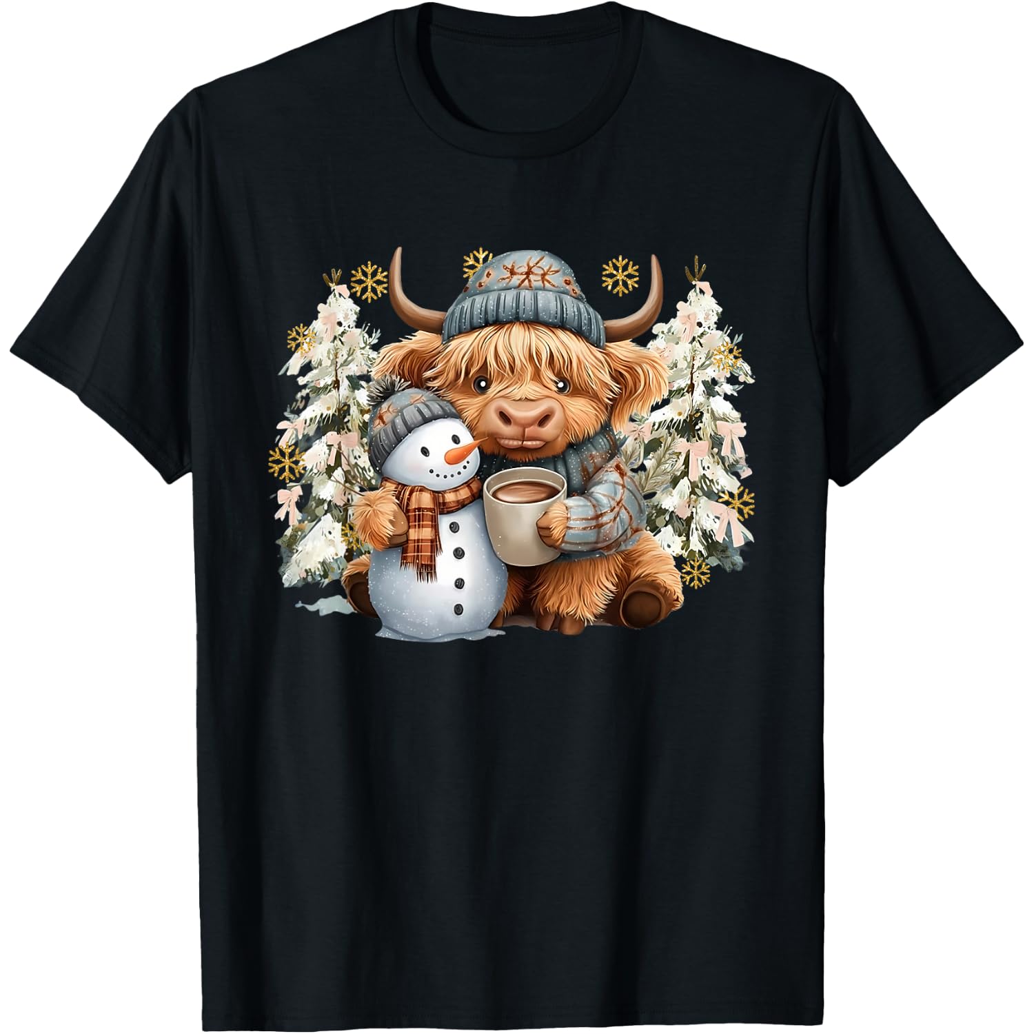 Cute Highland Cow with Snowman Hot Cocoa Christmas Trees T-Shirt
