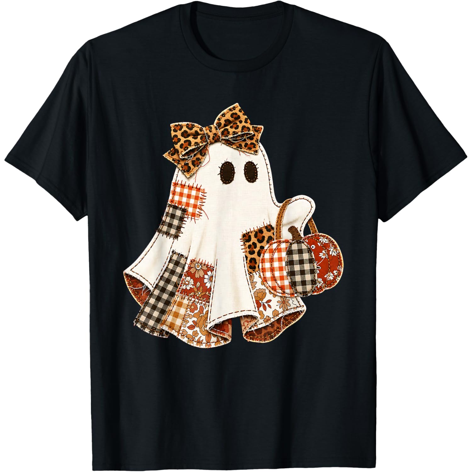 Cute Patchwork Ghost Pumpkin Leopard Bow Halloween Fall T-Shirt