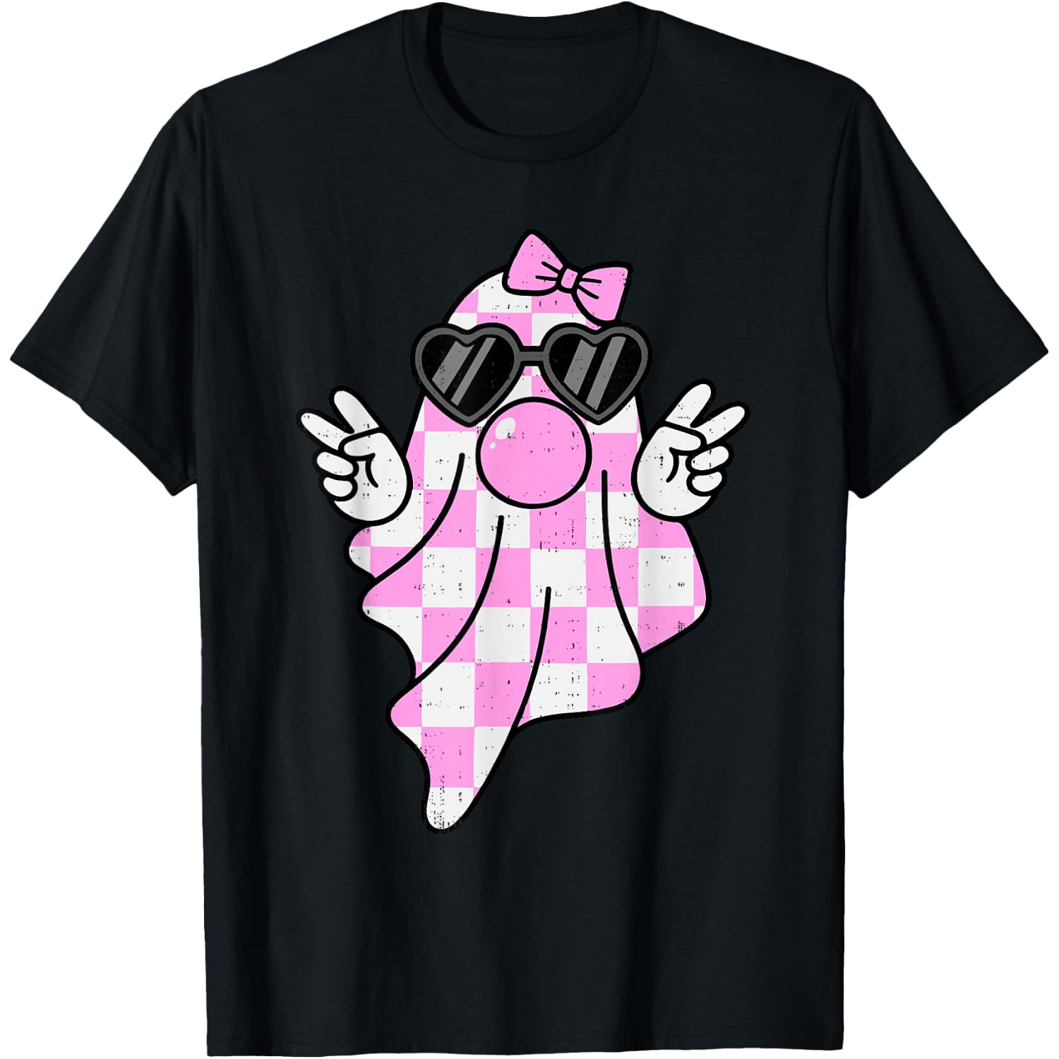 Cute Pink Plaid Ghost Bubblegum Peace Sign Halloween Girl T-Shirt