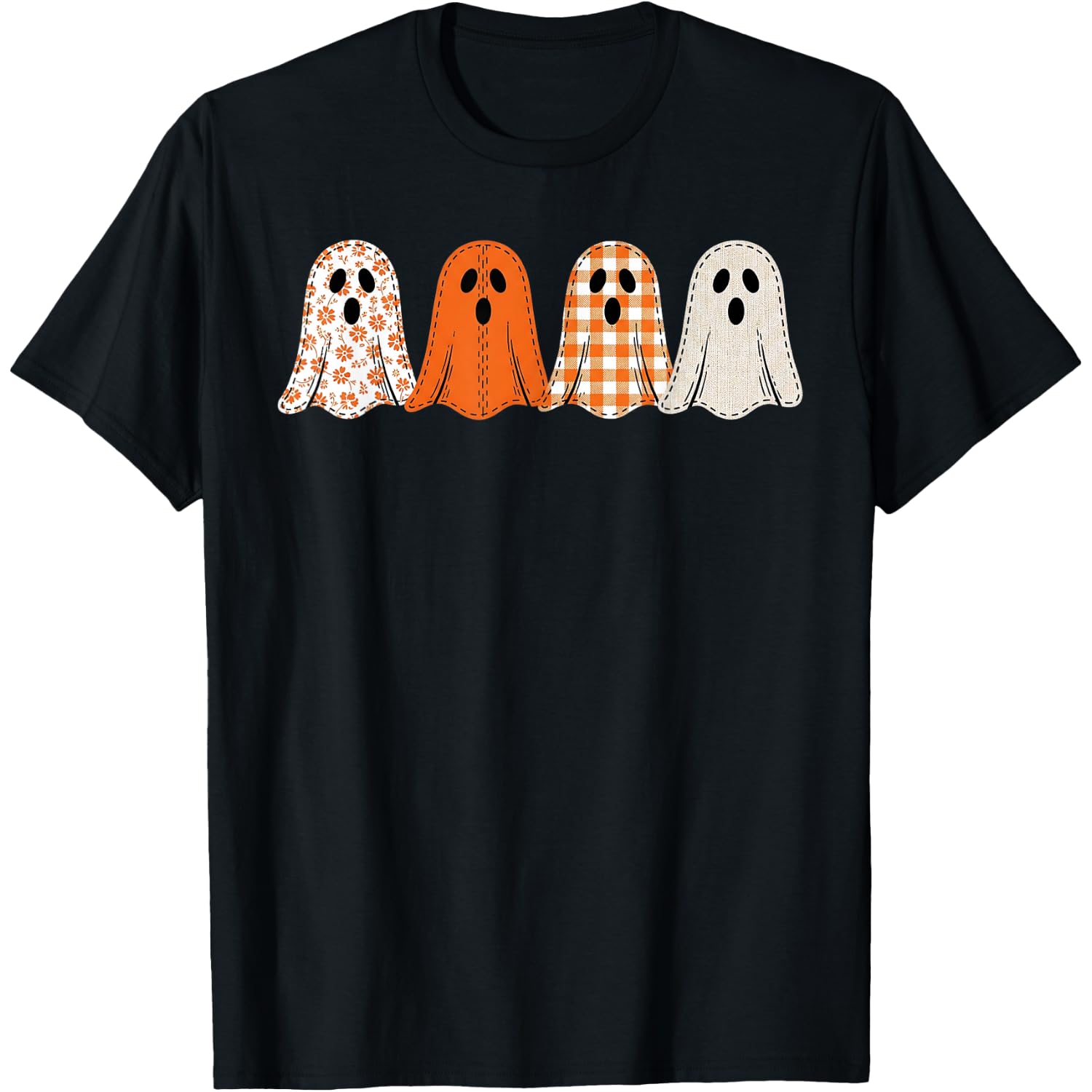 Cute Preppy Floral Patchwork Ghost Halloween Boo Pumpkin T-Shirt