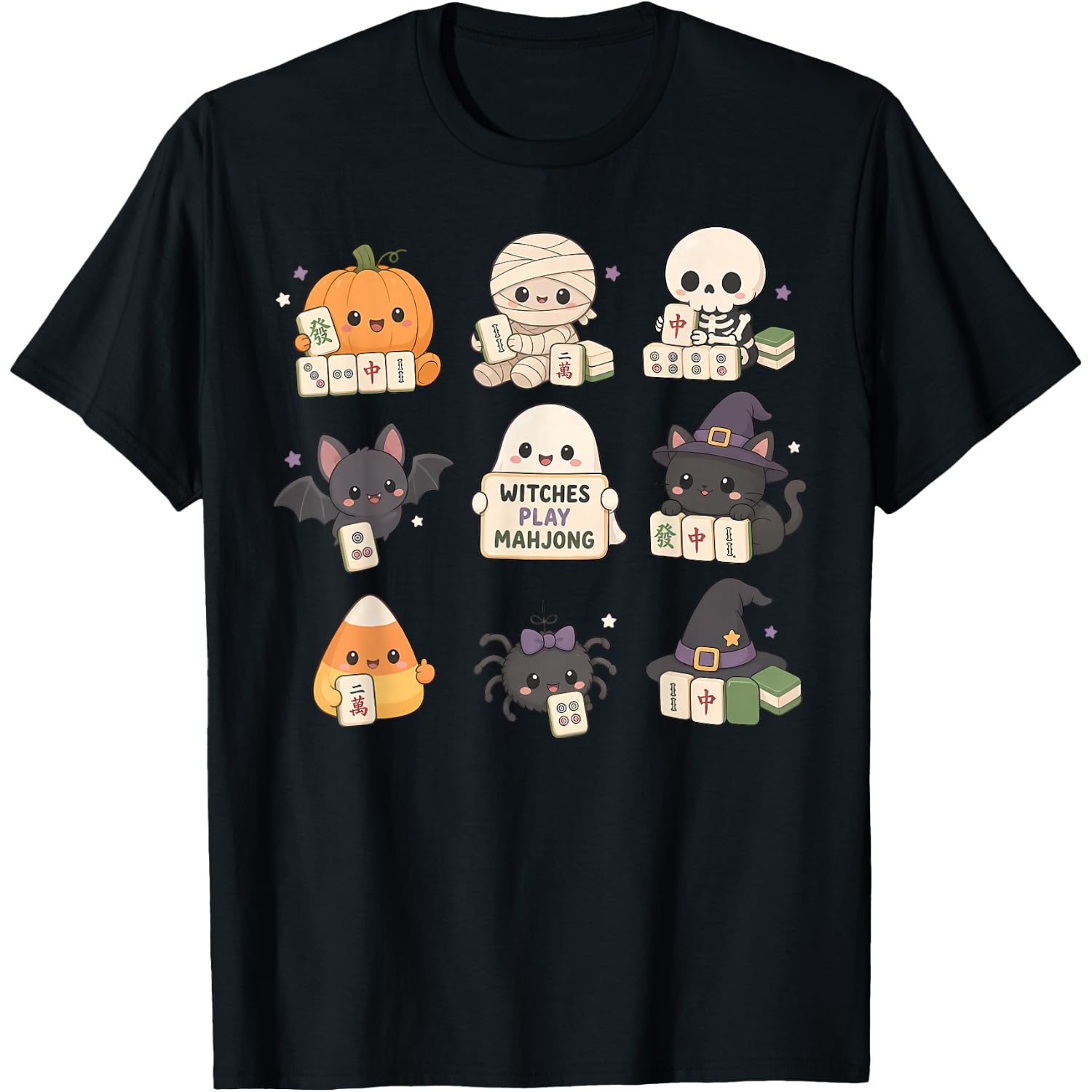 Cute Pumpkin Ghost Skeleton Bat Playing Mahjong Halloween T-Shirt
