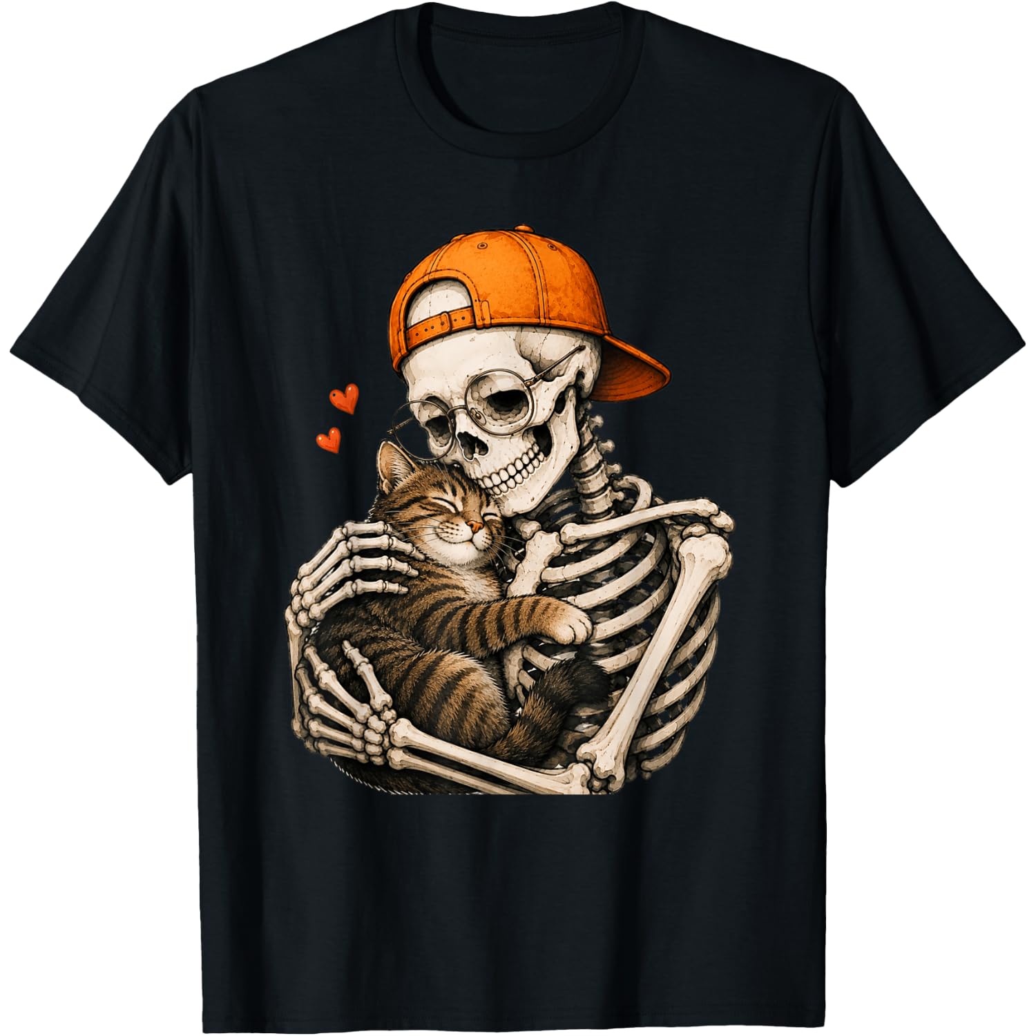 Cute Skeleton Hugging Cat Halloween Funny Cat Dad Cat Mom T-Shirt