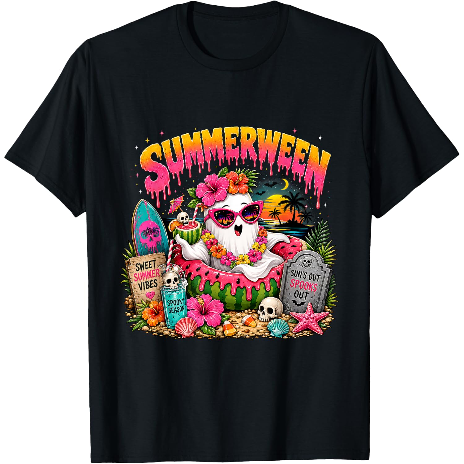 Cute Summerween Spooky Season Girls Halloween in July Beach T-Shirt