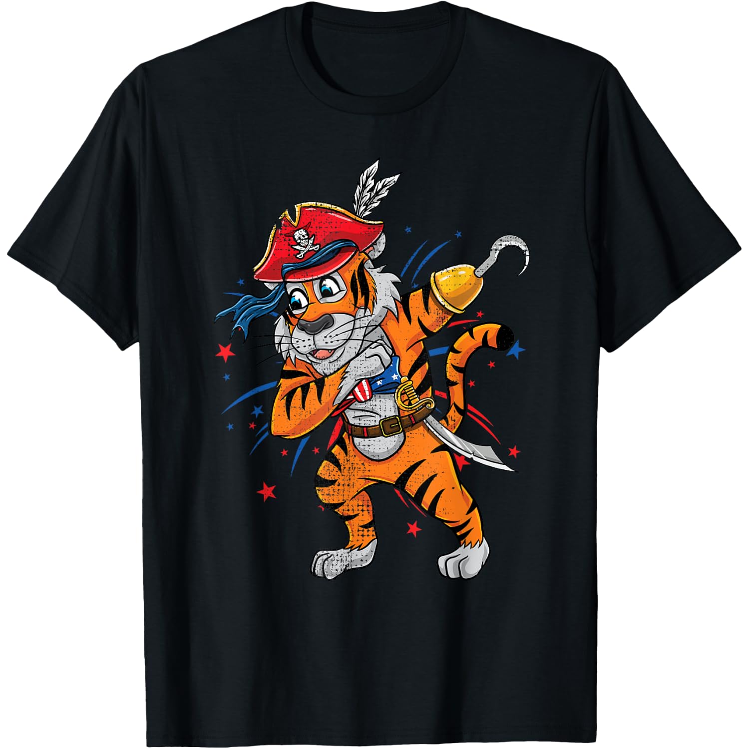 Dabbing Pirate Tiger Patriotic Halloween Vintage T-Shirt