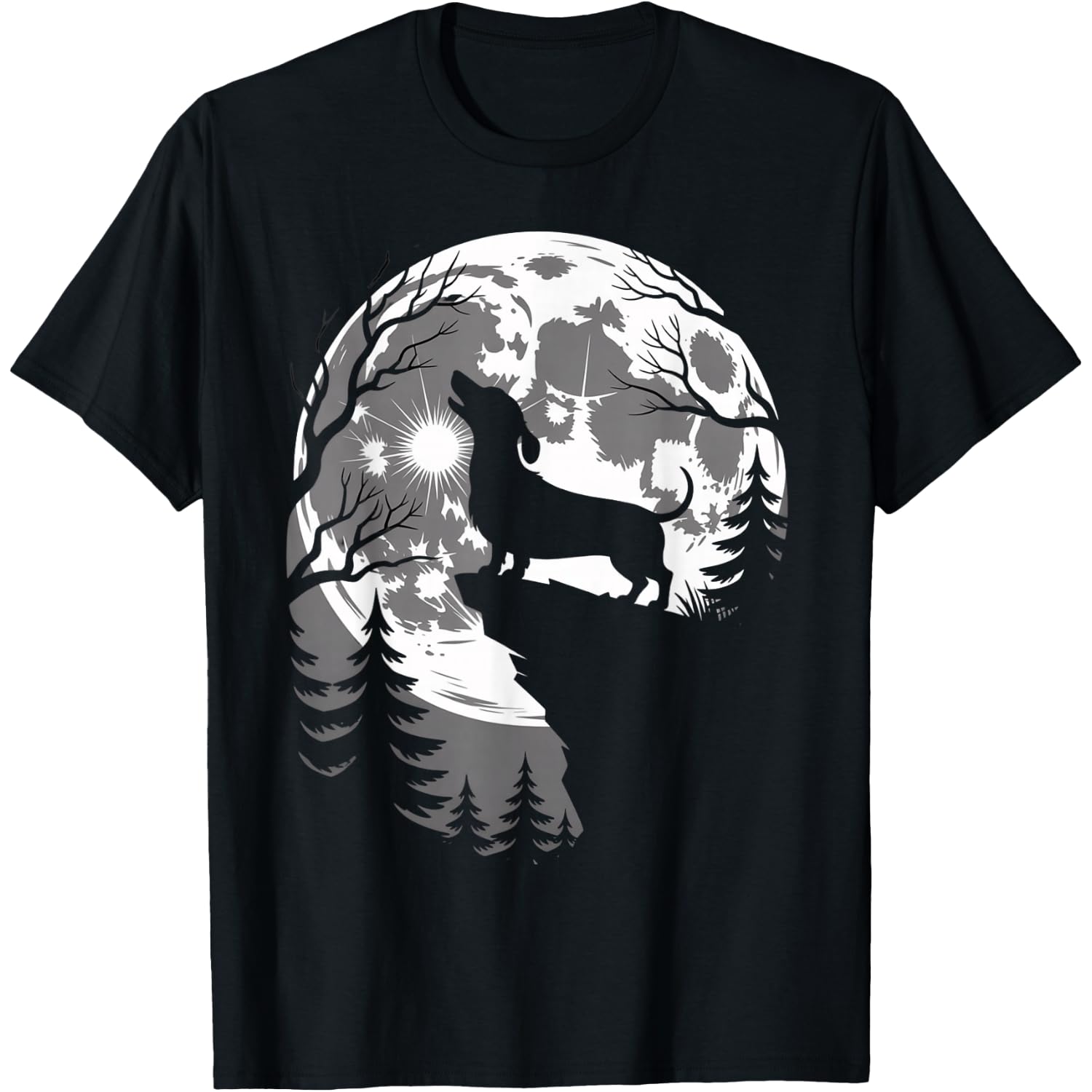 Dachshund Howling Full Moon Haunted Forest Halloween Dog T-Shirt
