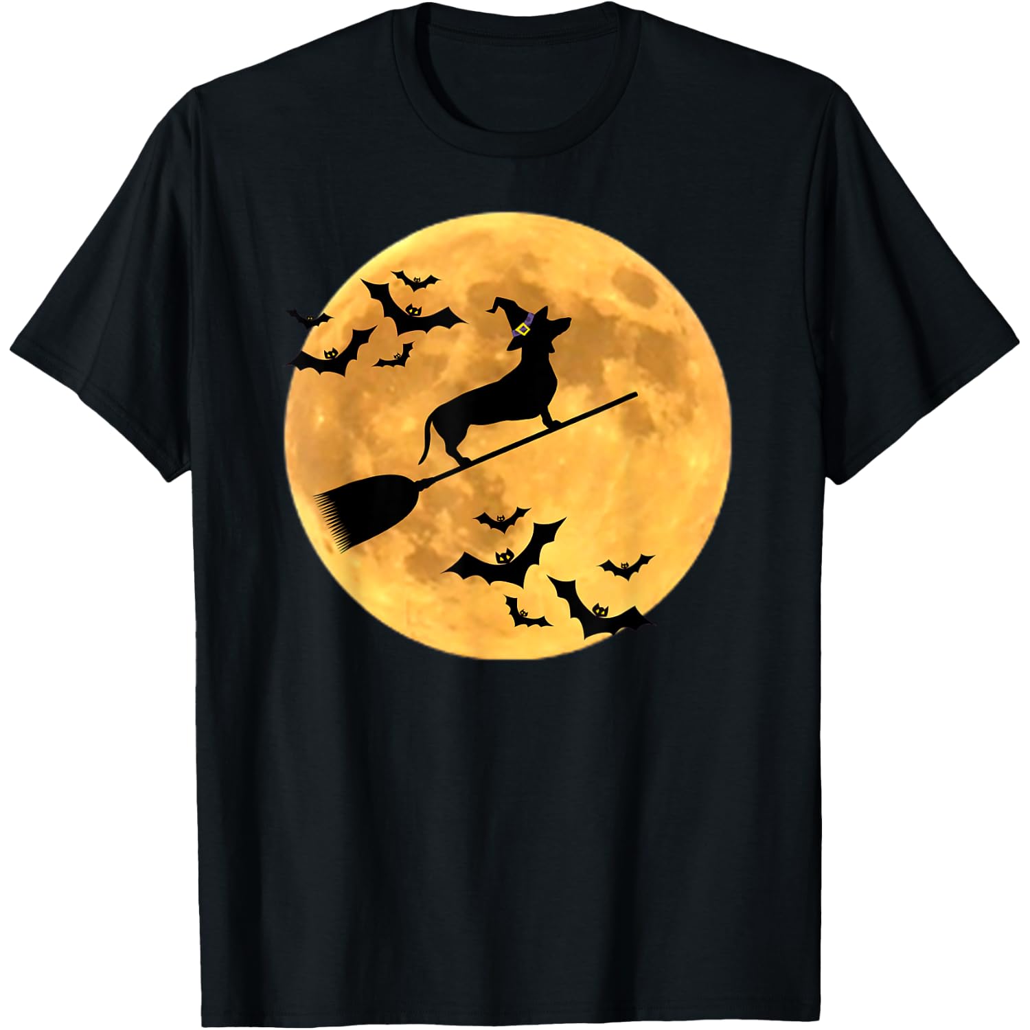Dachshund Witch Dog Halloween T-shirt Moon Broomstick Broom Men Women Kids T-Shirt