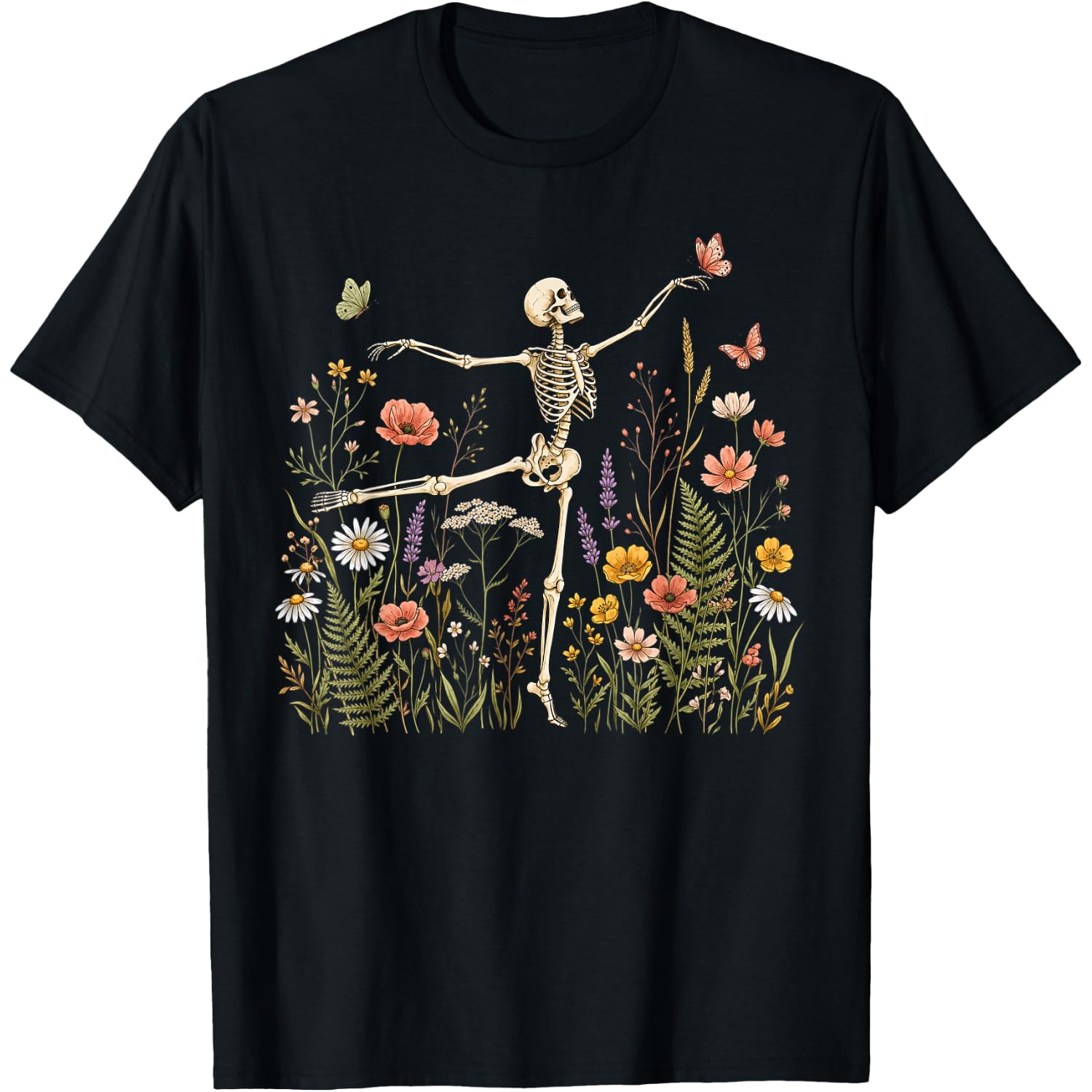 Dancing Skeleton Arabesque Wildflower Botanical Floral T-Shirt
